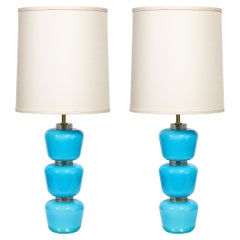 Modernist Hand-Blown Murano Glass Table Lamps in Cyan Blue with 24K Gold Flecks