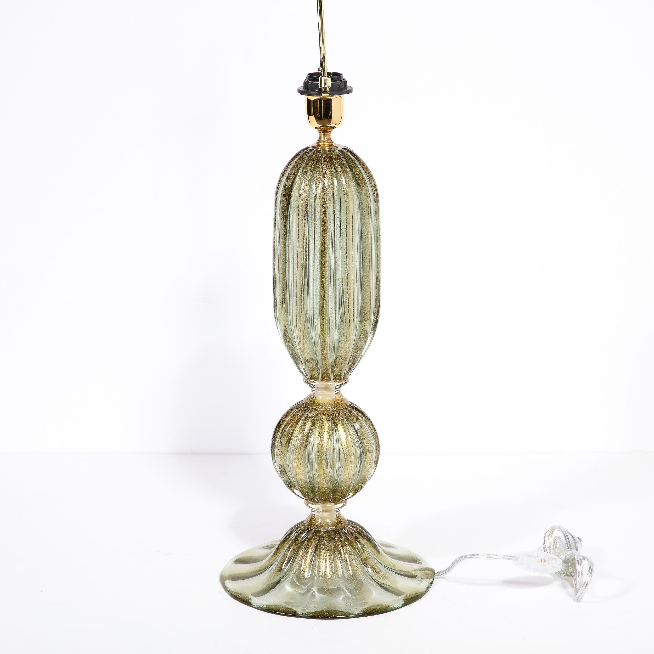 Modernist Hand-Blown Murano Glass Table Lamps in Green Gold w/ 24k Gold Flecks For Sale 5