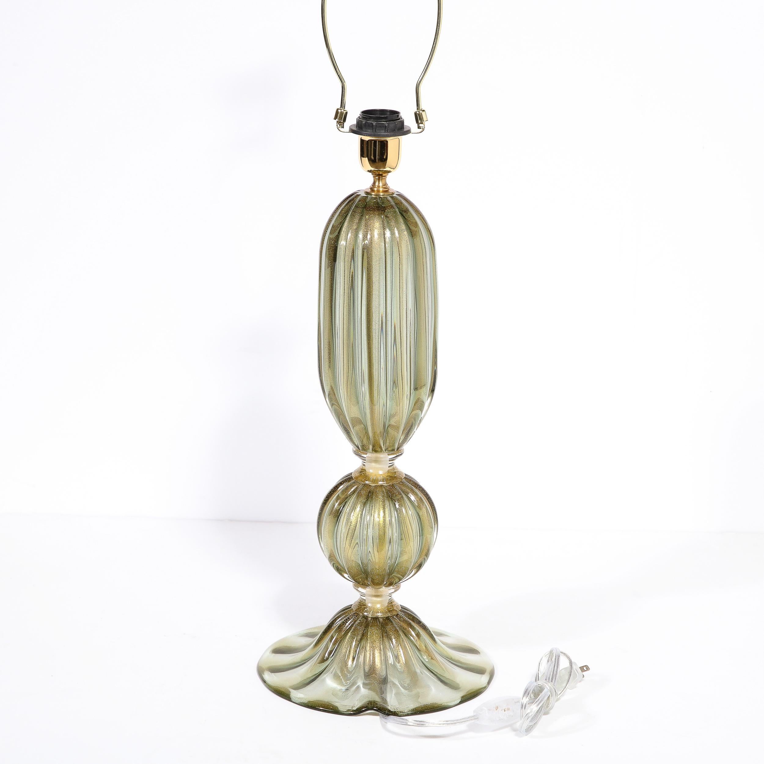 Modernist Hand-Blown Murano Glass Table Lamps in Green Gold w/ 24k Gold Flecks For Sale 6