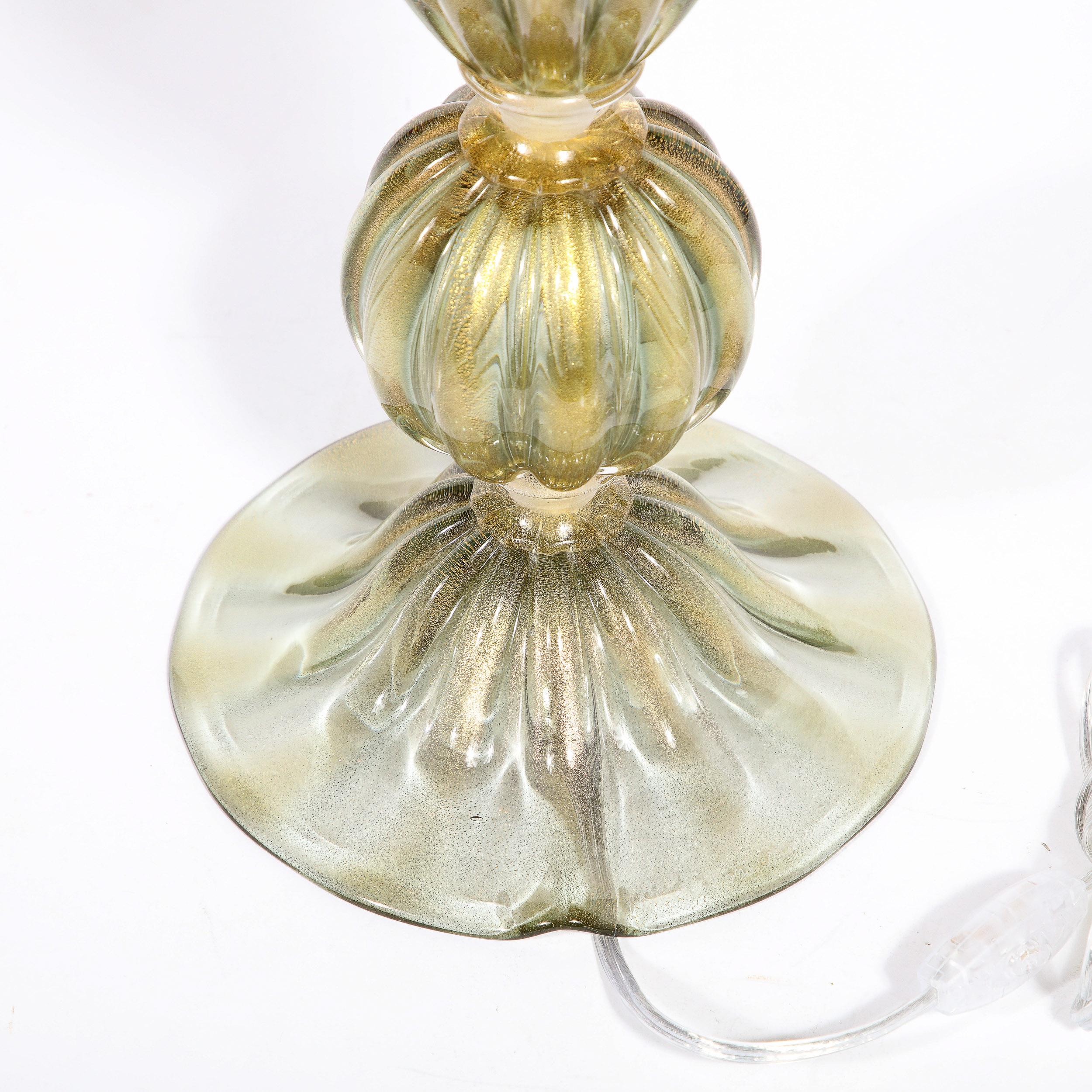 Modernist Hand-Blown Murano Glass Table Lamps in Green Gold w/ 24k Gold Flecks For Sale 7