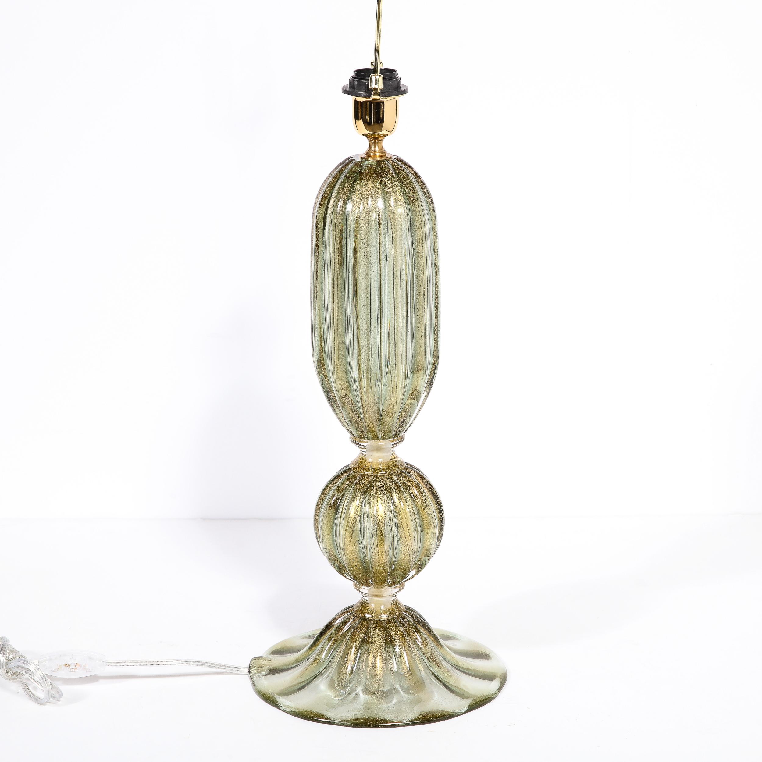 Modernist Hand-Blown Murano Glass Table Lamps in Green Gold w/ 24k Gold Flecks For Sale 8