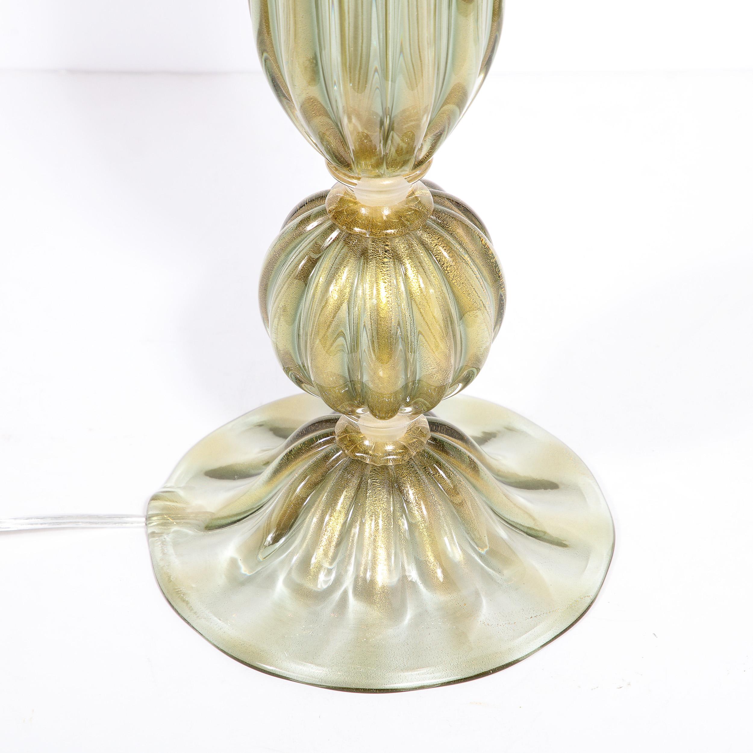 Modernist Hand-Blown Murano Glass Table Lamps in Green Gold w/ 24k Gold Flecks For Sale 9