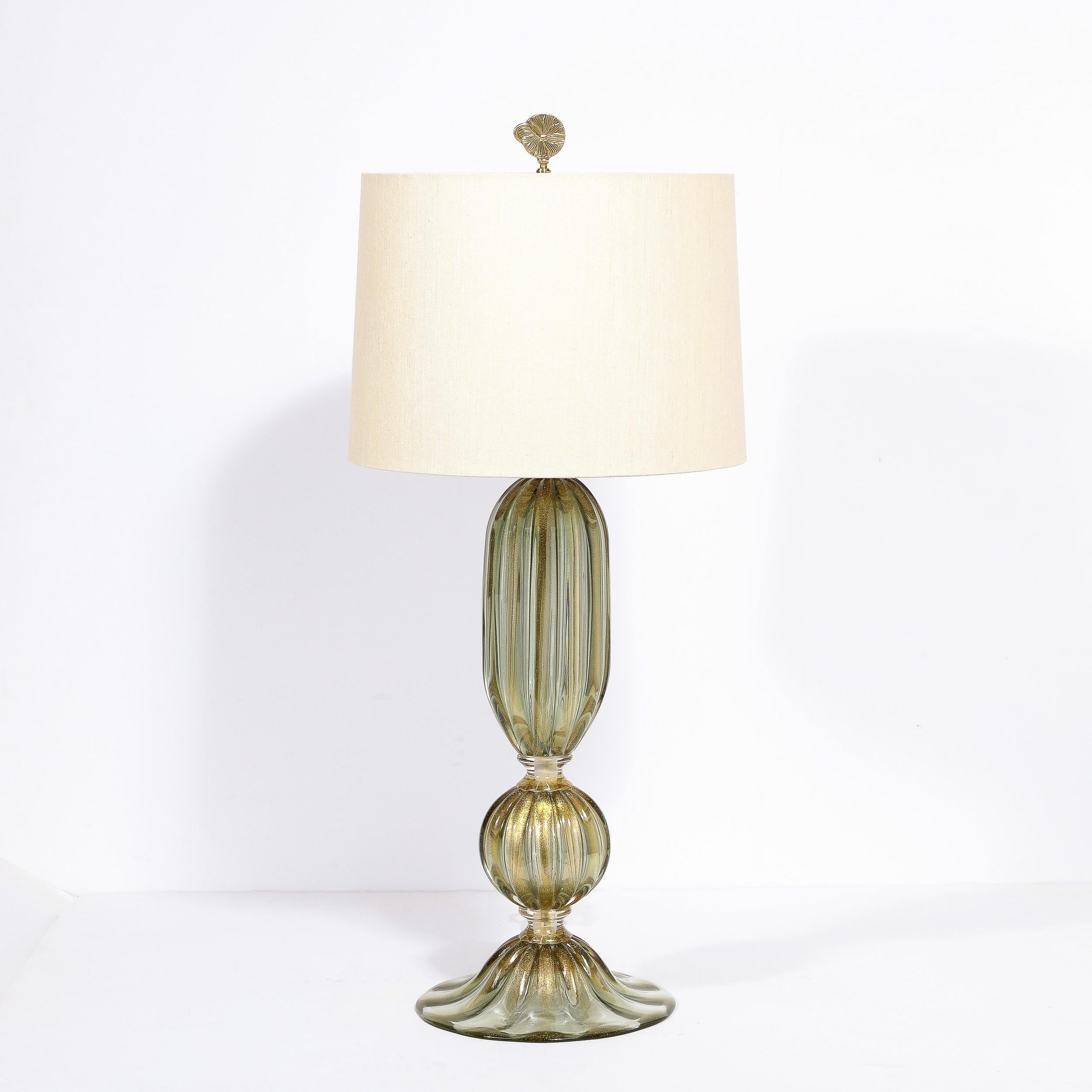 Italian Modernist Hand-Blown Murano Glass Table Lamps in Green Gold w/ 24k Gold Flecks For Sale