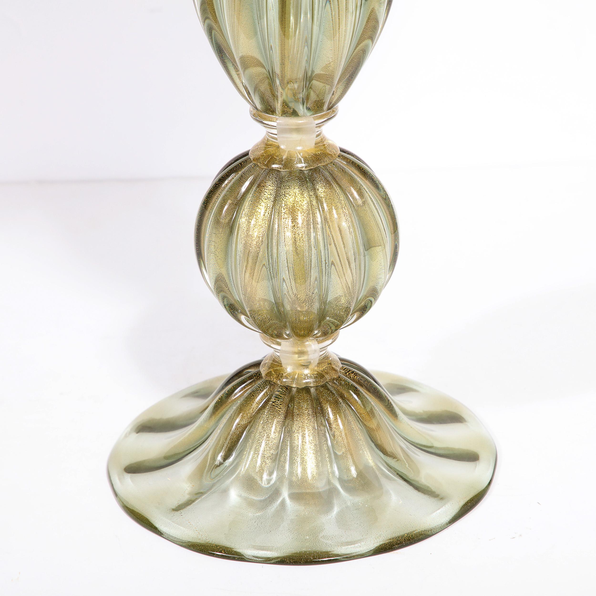 Contemporary Modernist Hand-Blown Murano Glass Table Lamps in Green Gold w/ 24k Gold Flecks For Sale