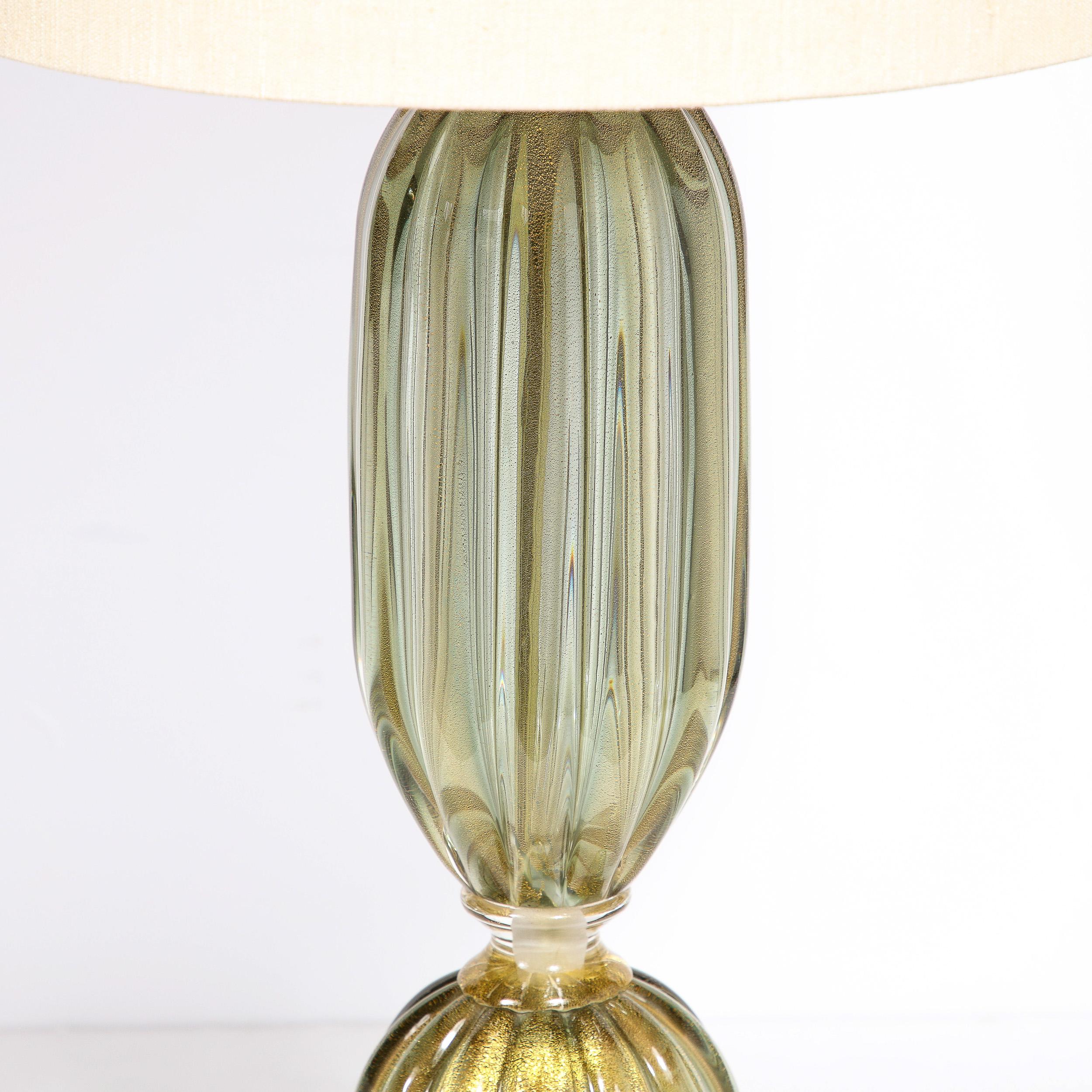 Modernist Hand-Blown Murano Glass Table Lamps in Green Gold w/ 24k Gold Flecks For Sale 1