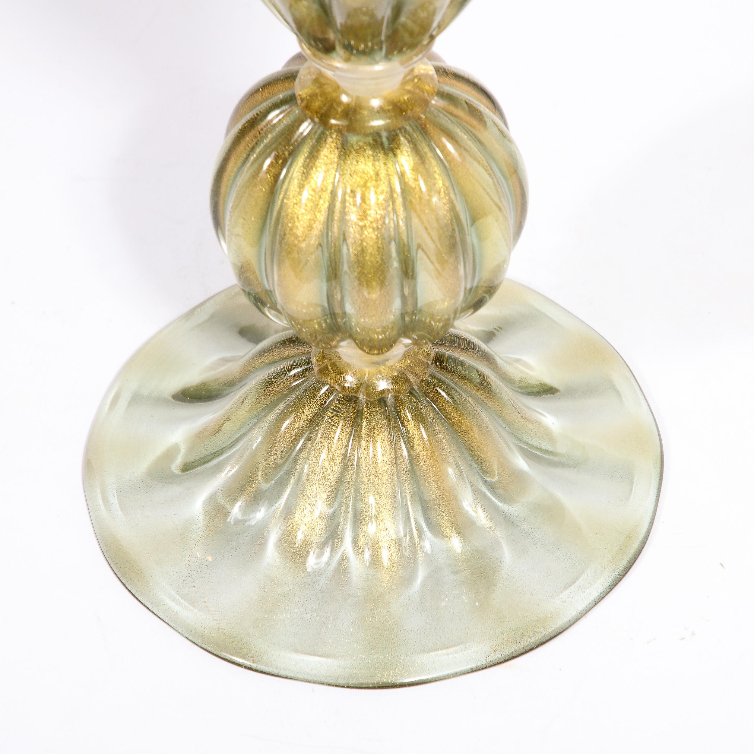 Modernist Hand-Blown Murano Glass Table Lamps in Green Gold w/ 24k Gold Flecks For Sale 2