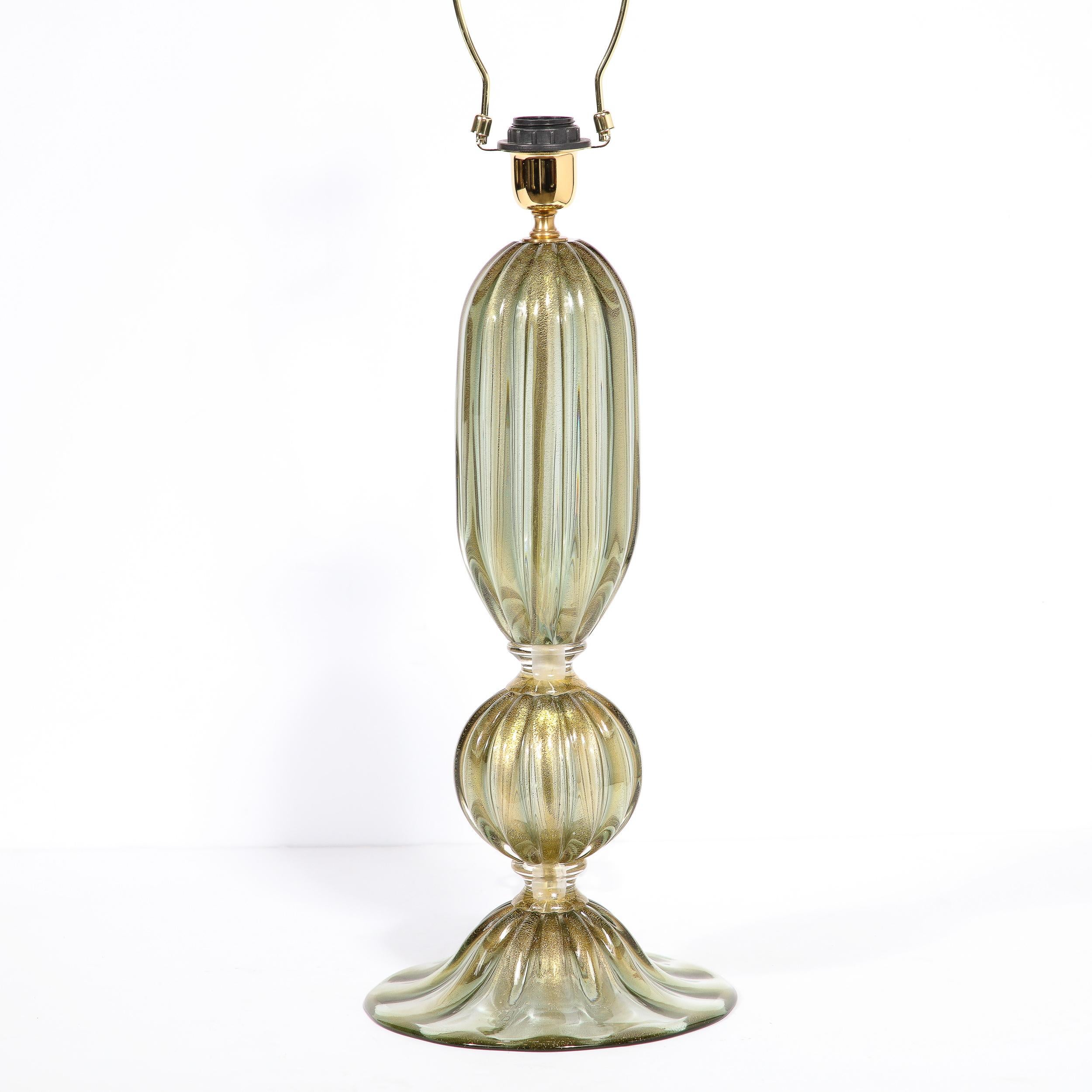 Modernist Hand-Blown Murano Glass Table Lamps in Green Gold w/ 24k Gold Flecks For Sale 4