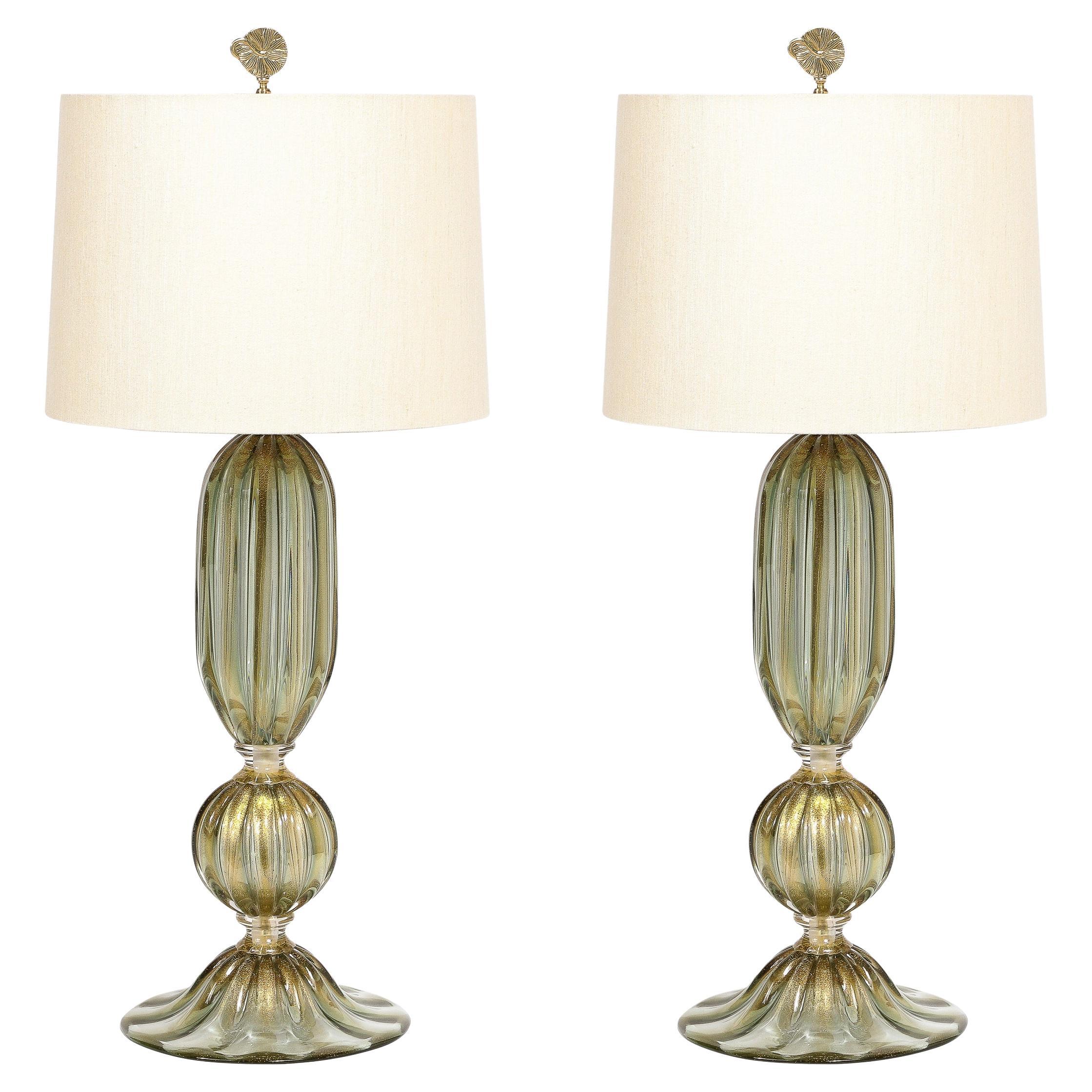 Modernist Hand-Blown Murano Glass Table Lamps in Green Gold w/ 24k Gold Flecks For Sale