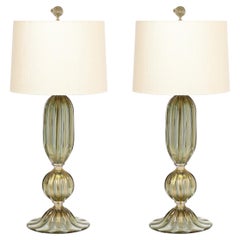 Modernist Hand-Blown Murano Glass Table Lamps in Green Gold w/ 24k Gold Flecks