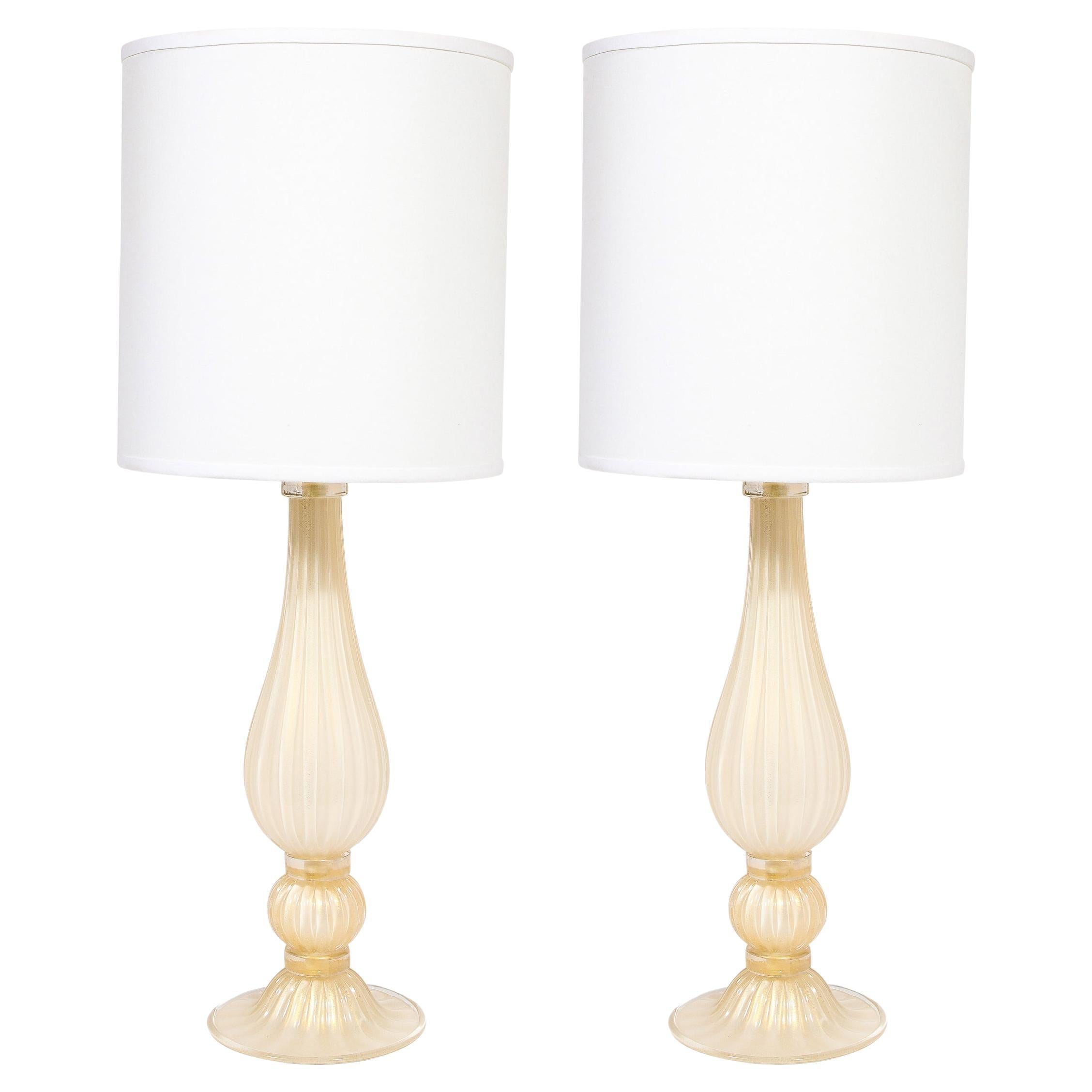 Modernist Hand-Blown Murano Glass Table Lamps in Pearl White w/ 24K Gold Flecks