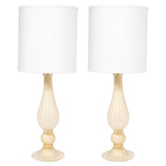 Modernist Hand-Blown Murano Glass Table Lamps in Pearl White w/ 24K Gold Flecks