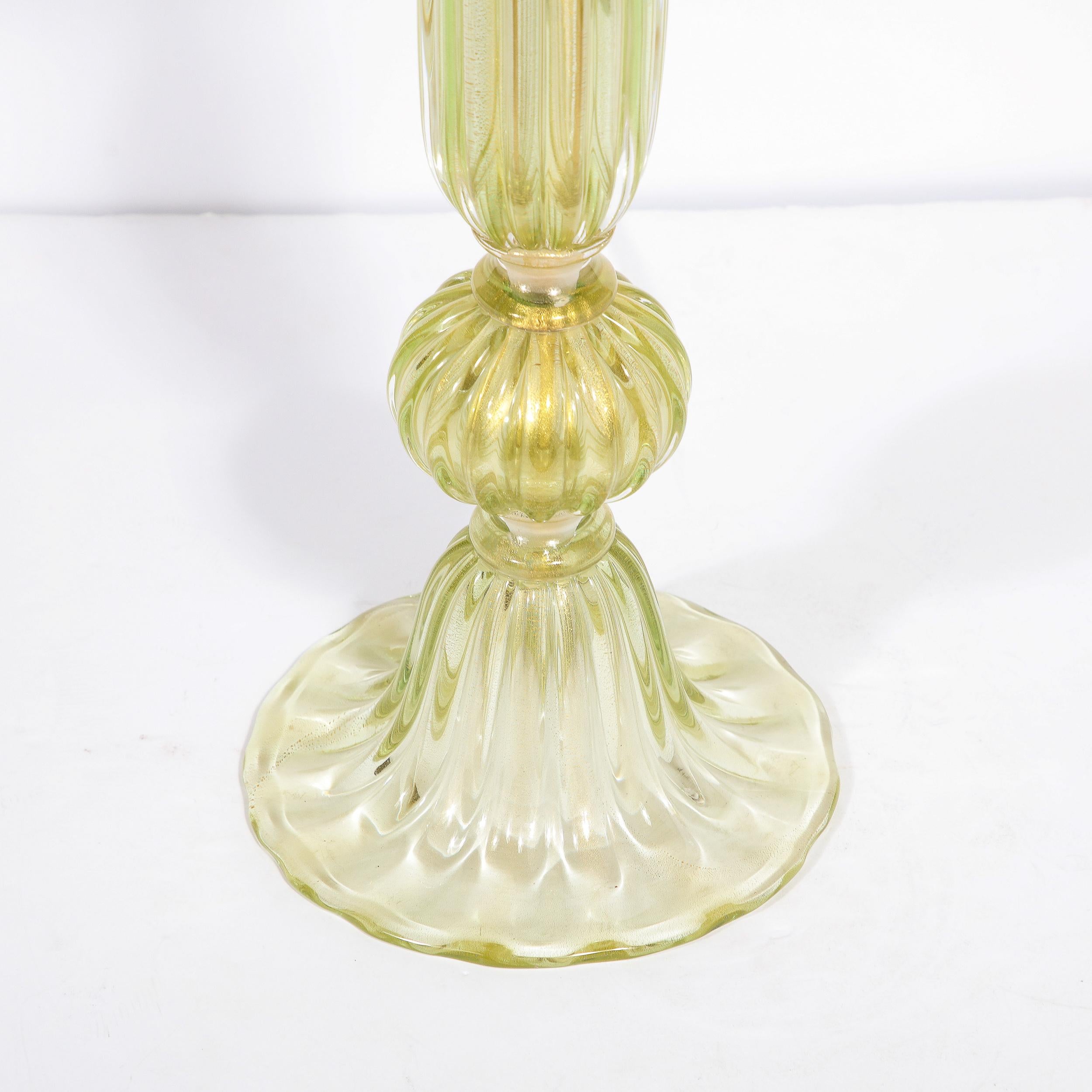 Contemporary Modernist Hand-Blown Murano Glass Table Lamps in Peridot w/ 24Karat Gold Flecks For Sale