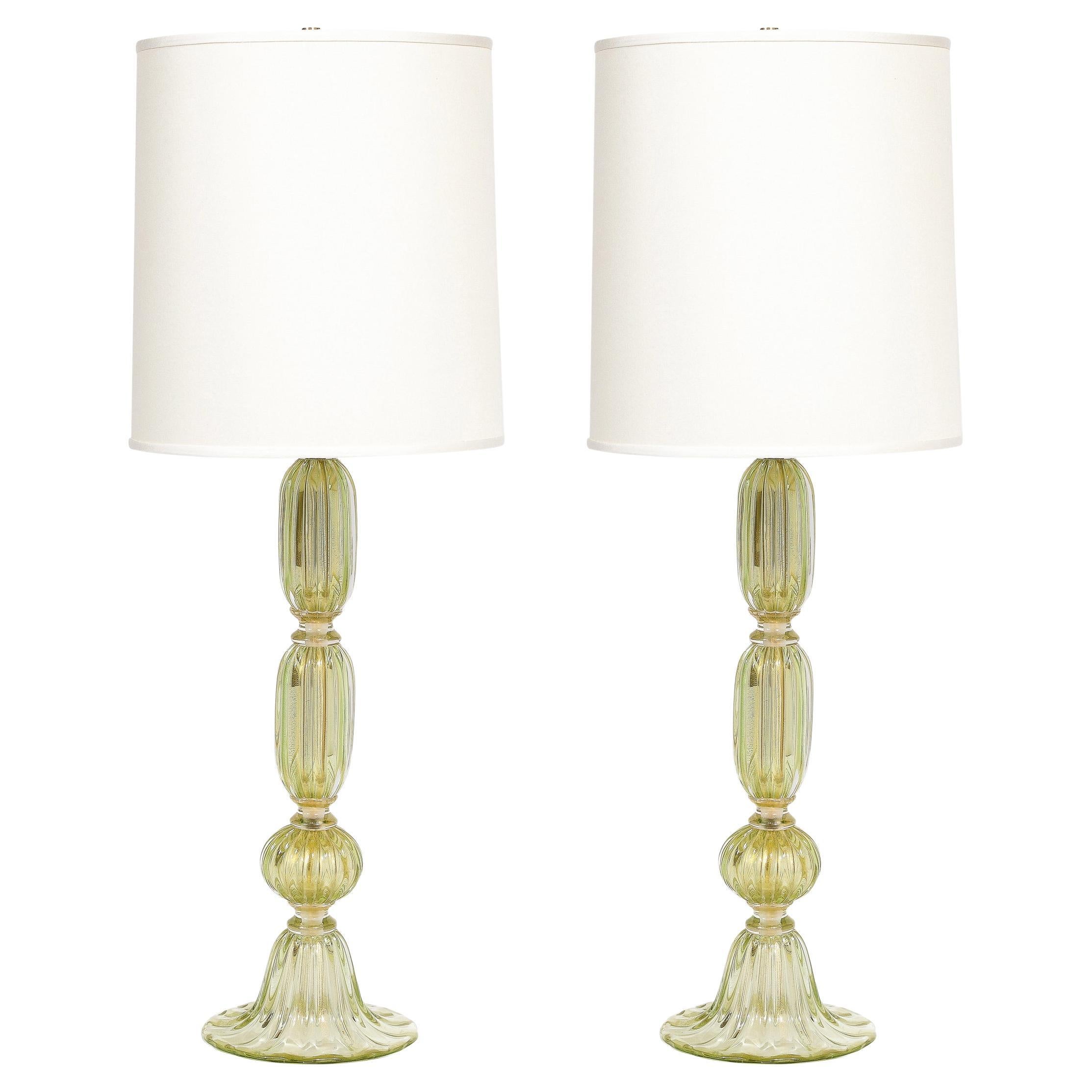 Modernist Hand-Blown Murano Glass Table Lamps in Peridot w/ 24Karat Gold Flecks For Sale
