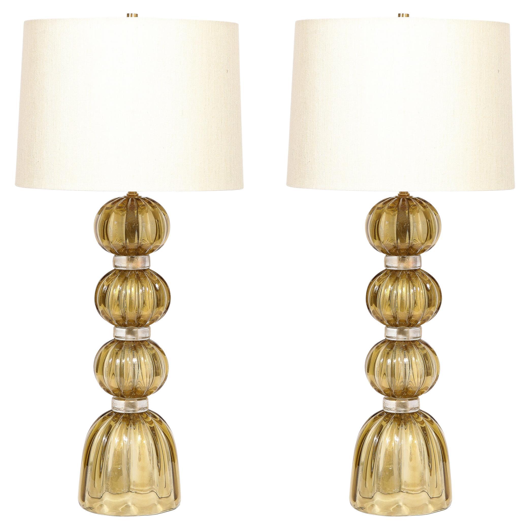 Modernist Hand-Blown Murano Glass Table Lamps in Smoked Gold W/ 24 Karat Flecks For Sale