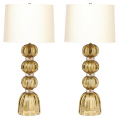 Modernist Hand-Blown Murano Glass Table Lamps in Smoked Gold W/ 24 Karat Flecks