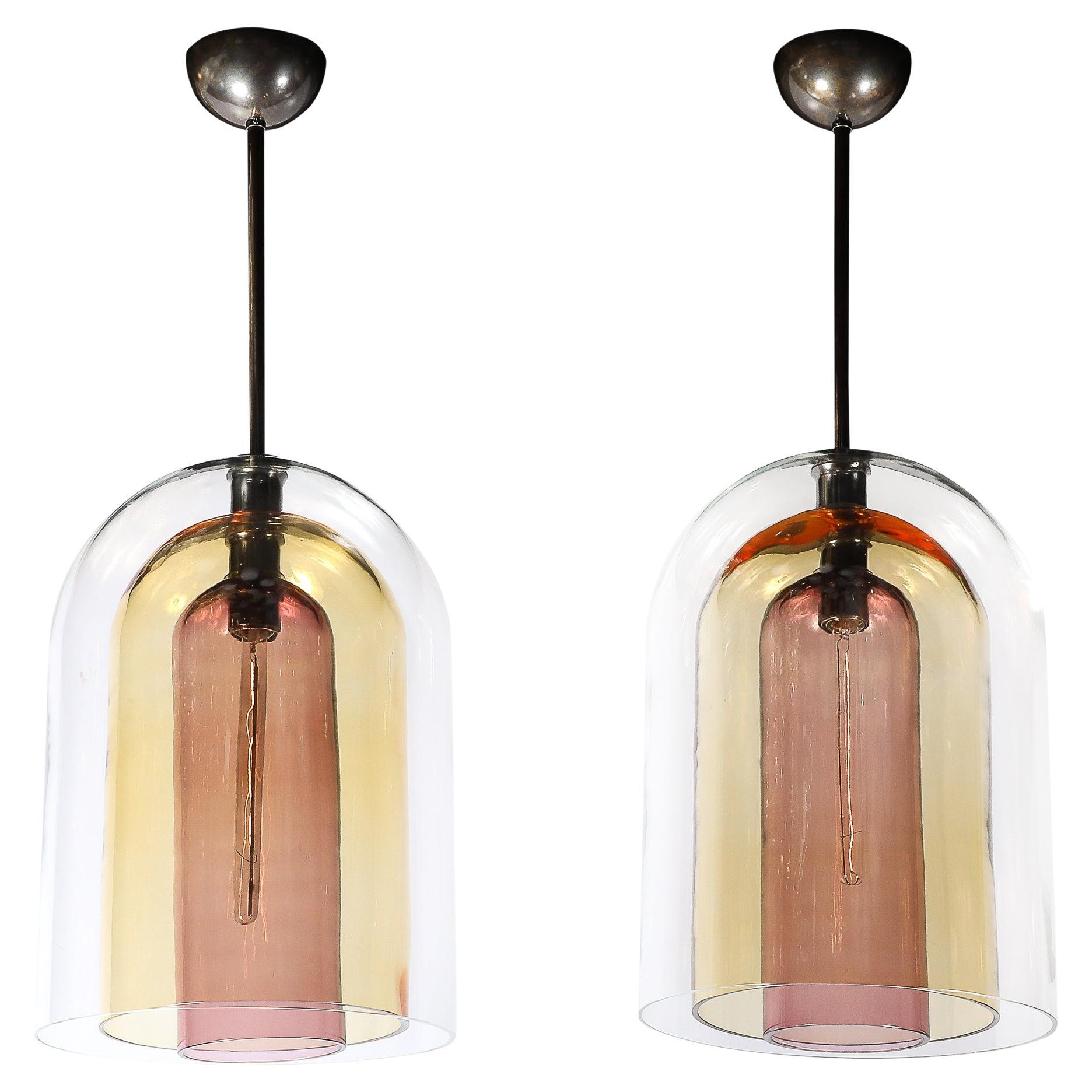 Modernist Hand-Blown Murano Glass Three Tier Dome Form Pendant Chandeliers