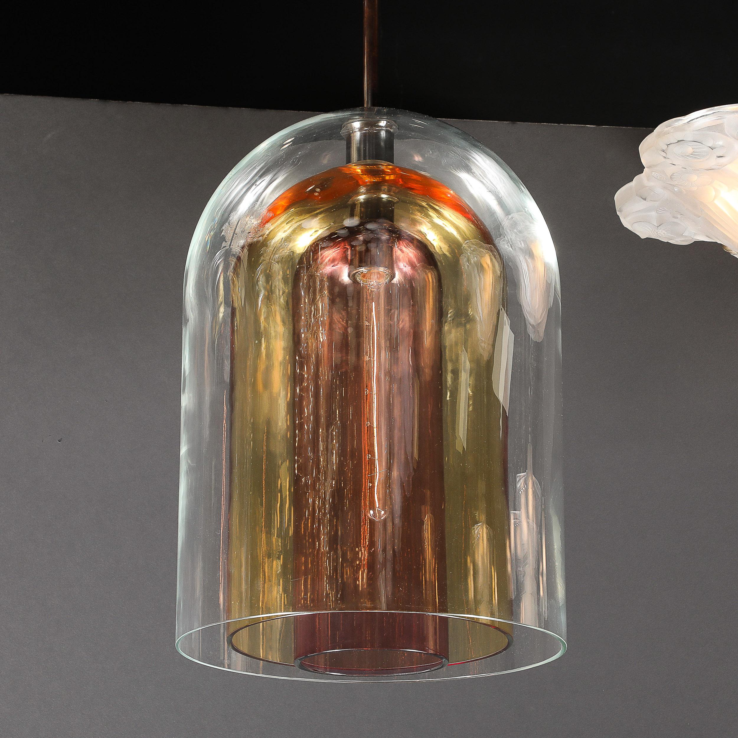 Moderne Pendentif moderniste en verre de Murano soufflé à la main à trois niveaux avec raccords en bronze en vente