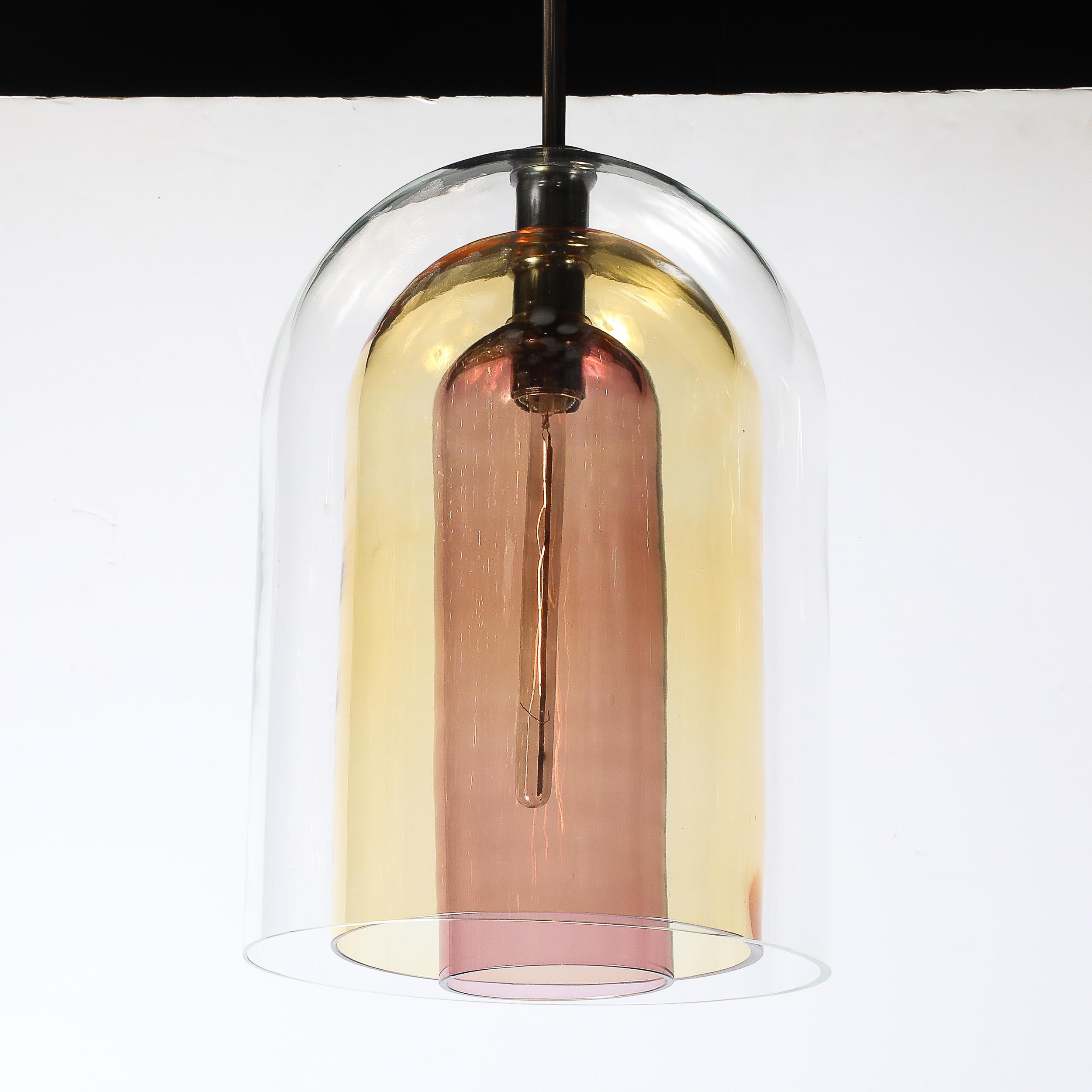 Pendentif moderniste en verre de Murano soufflé à la main à trois niveaux avec raccords en bronze Neuf - En vente à New York, NY