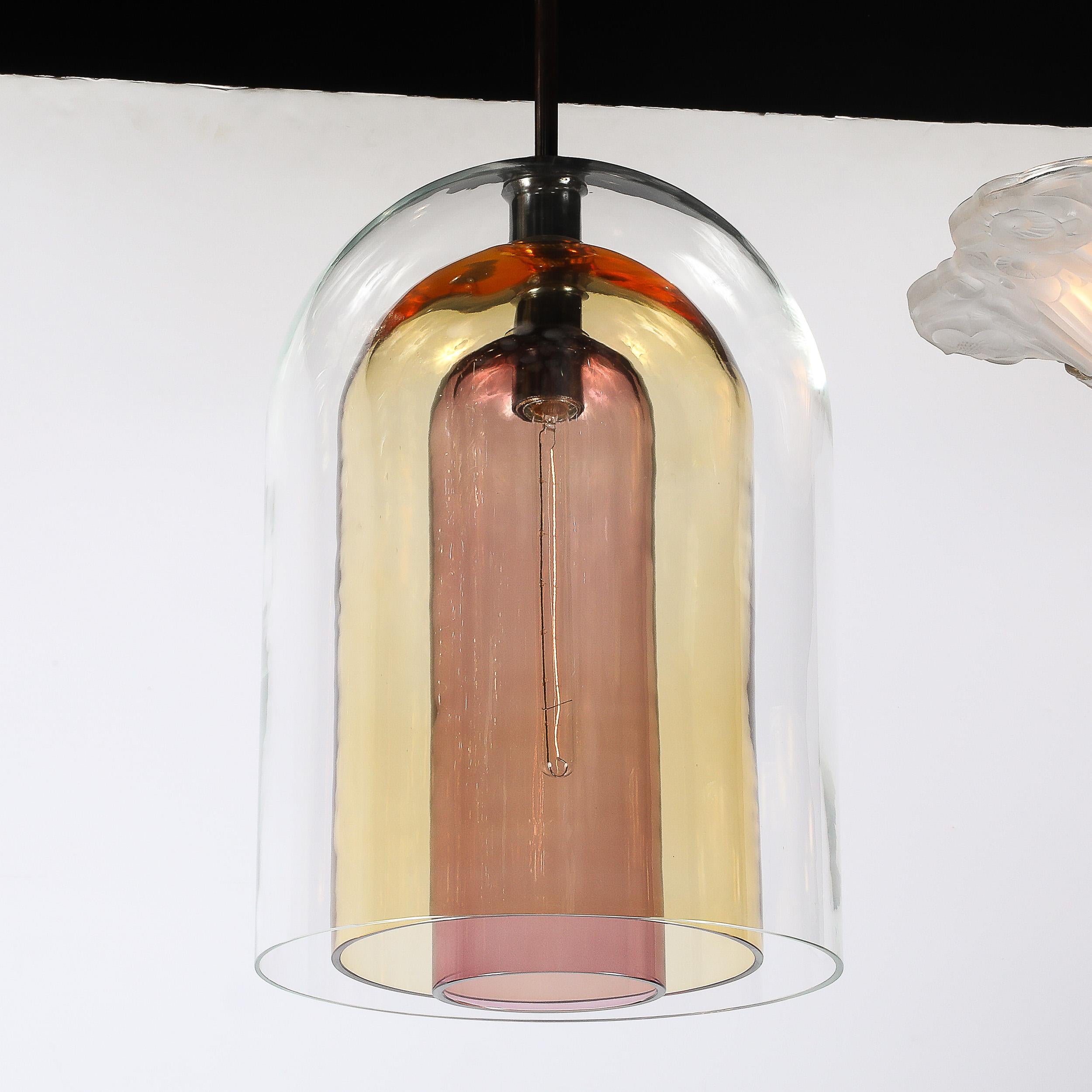 XXIe siècle et contemporain Pendentif moderniste en verre de Murano soufflé à la main à trois niveaux avec raccords en bronze en vente