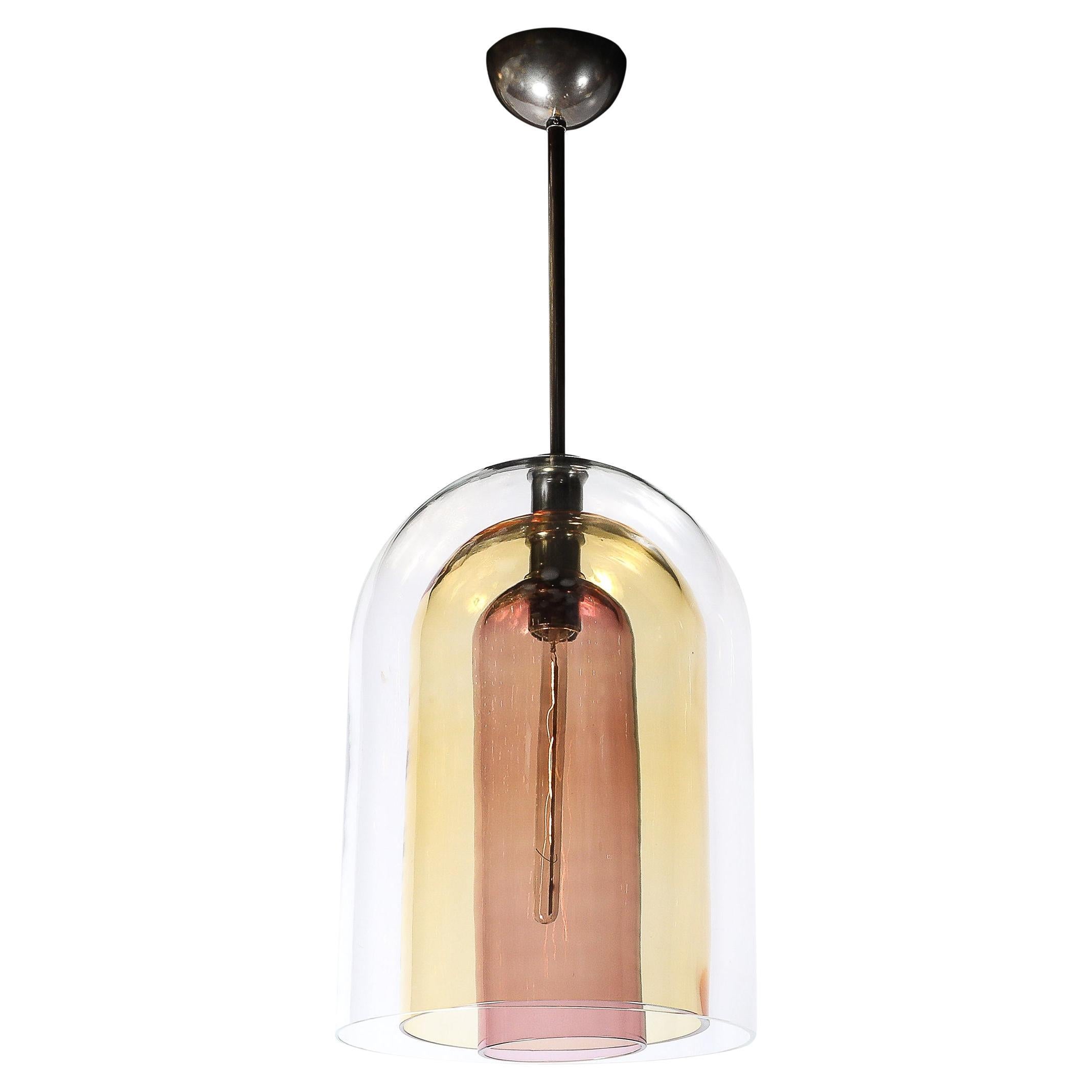 Modernist Hand-Blown Murano Glass Three Tier Pendant W/Bronze Fittings