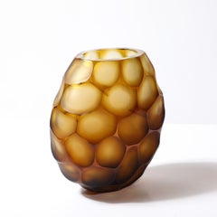 Modernist Hand-Blown Murano Glass Vase in Amber W/ Battuto Detailing