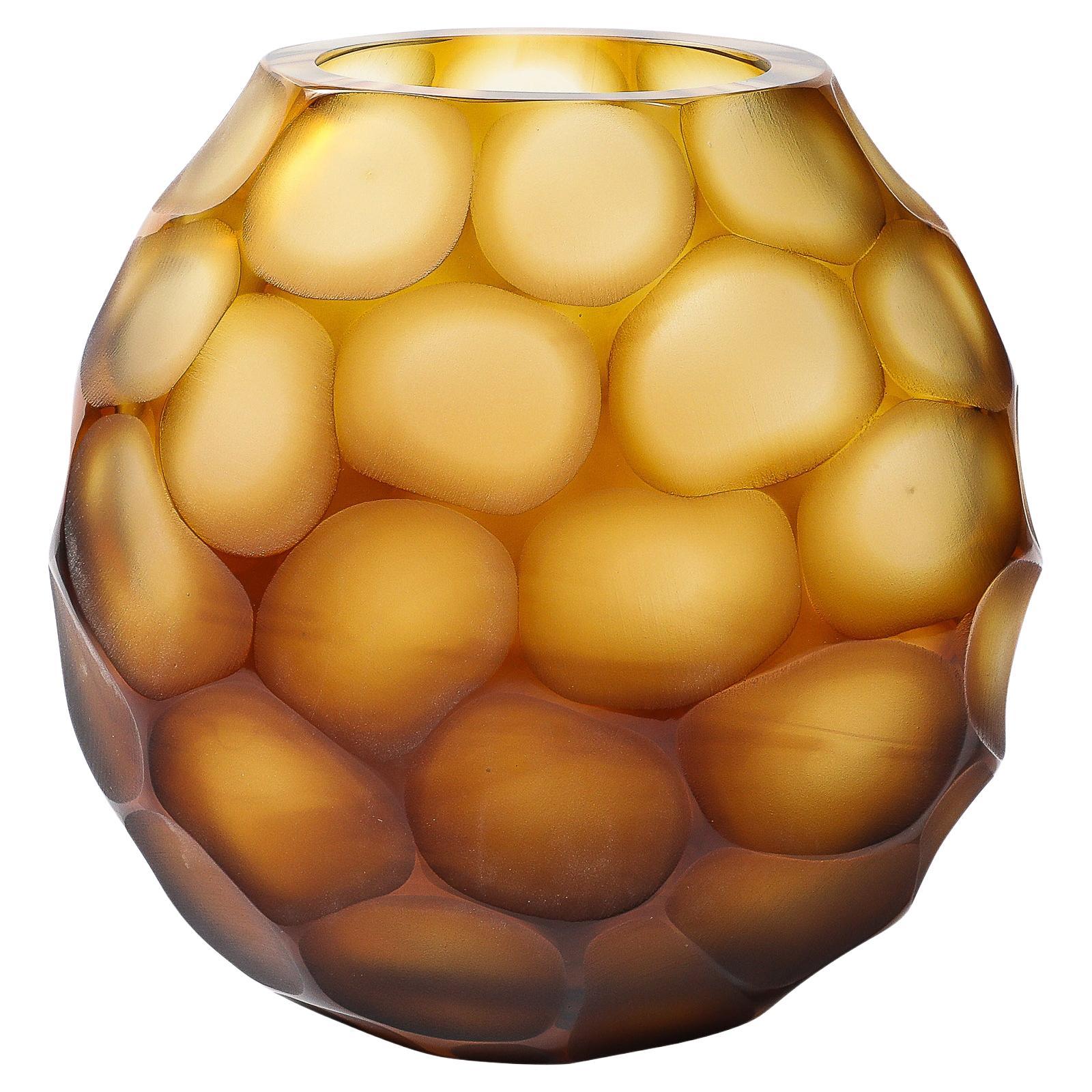 Modernist Hand-Blown Murano Glass Vase in Amber W/ Battuto Detailing