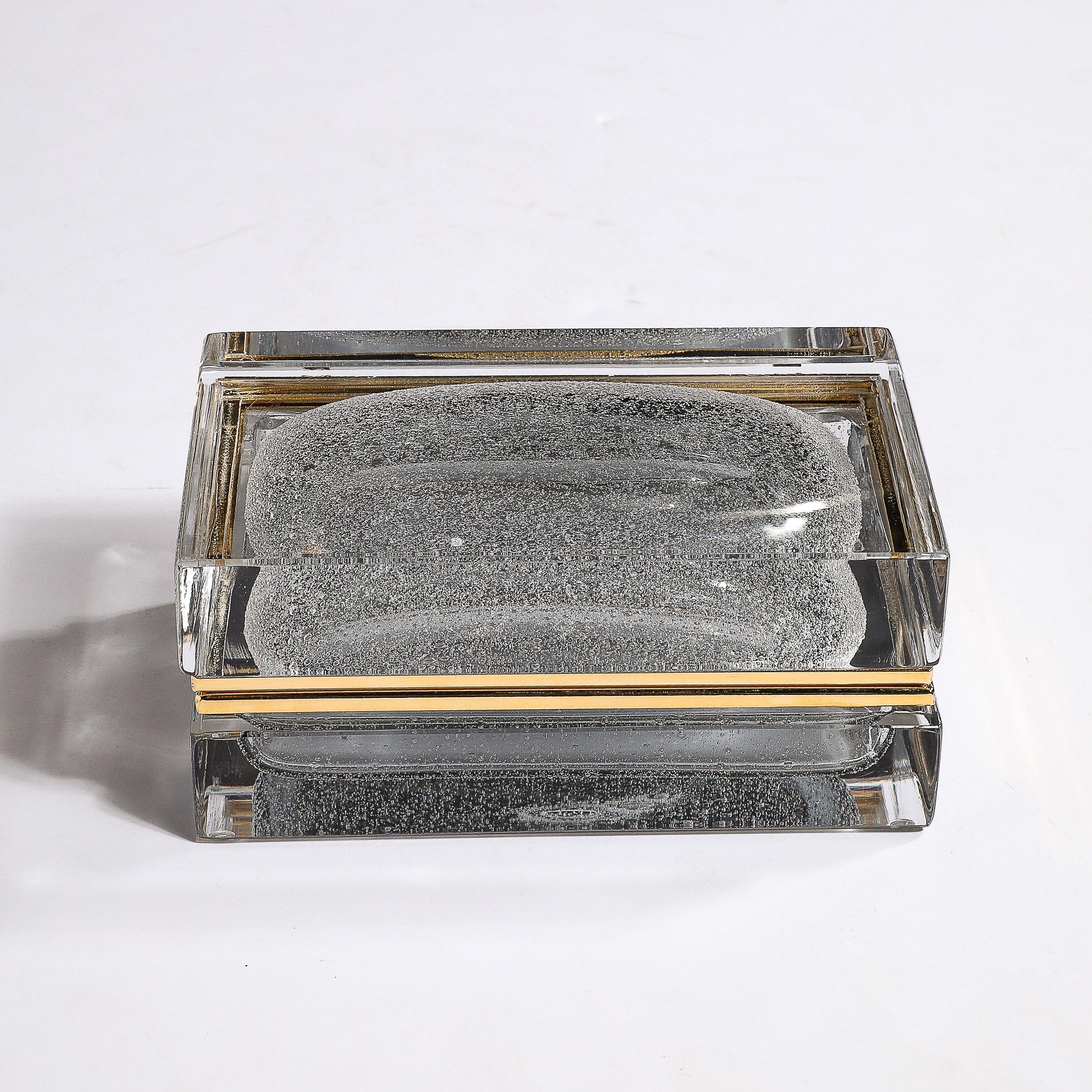 Italian Modernist Hand-Blown Murano Gray Bullicante Detailed & Brass Fitted Glass Box  For Sale