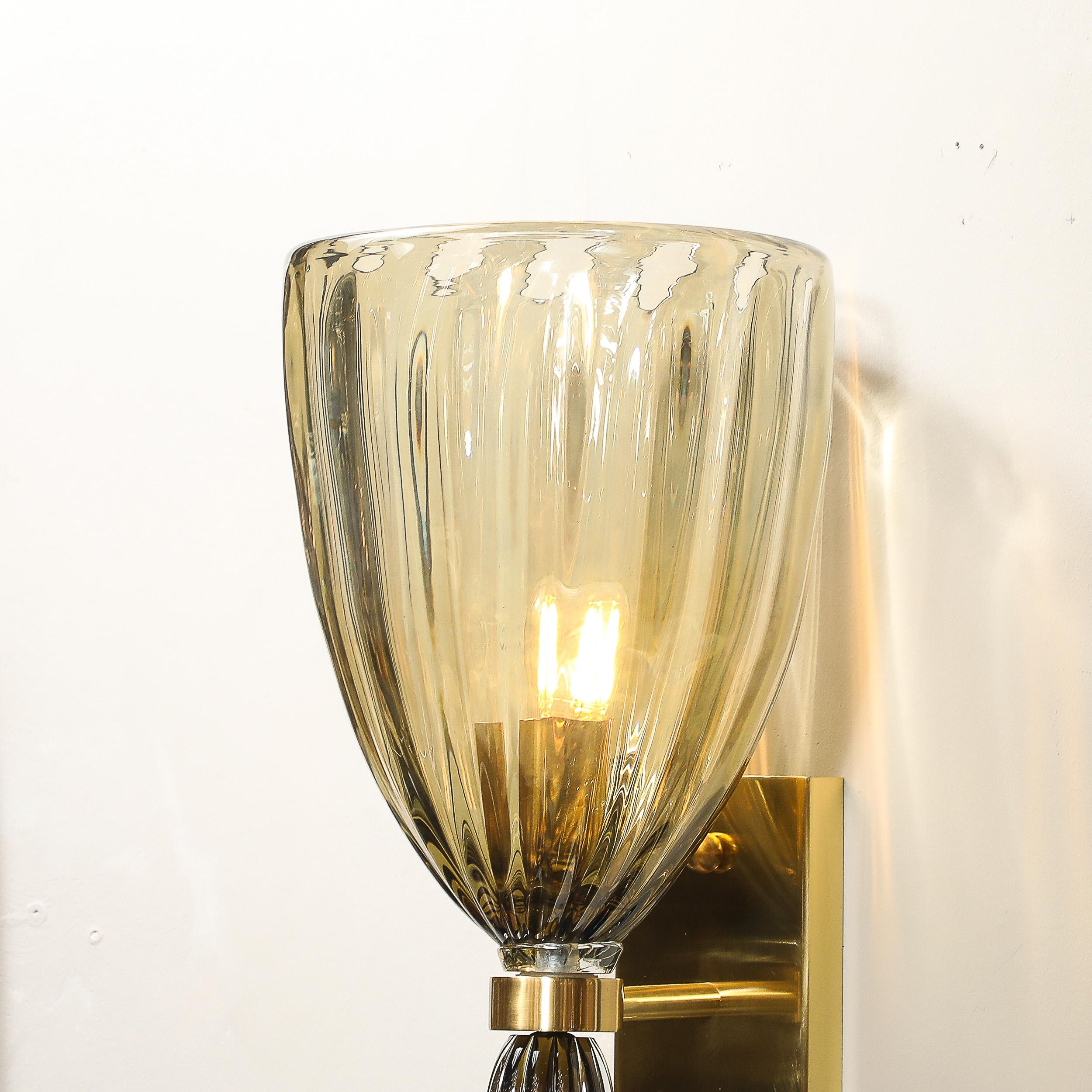 Modernist Hand-Blown Murano Iridescent Smoked Emerald Fluted Glass Sconces For Sale 4