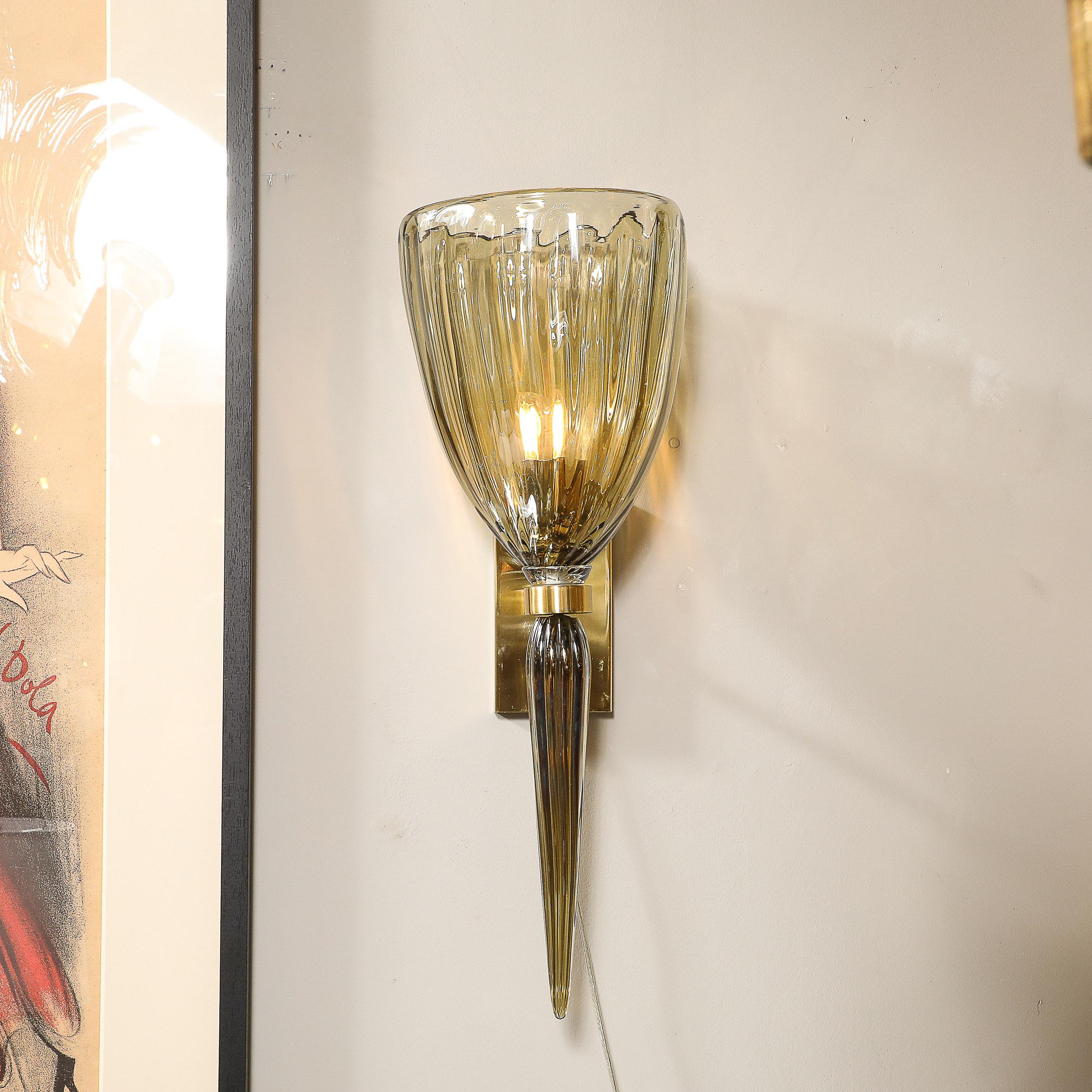 Modernist Hand-Blown Murano Iridescent Smoked Emerald Fluted Glass Sconces For Sale 5