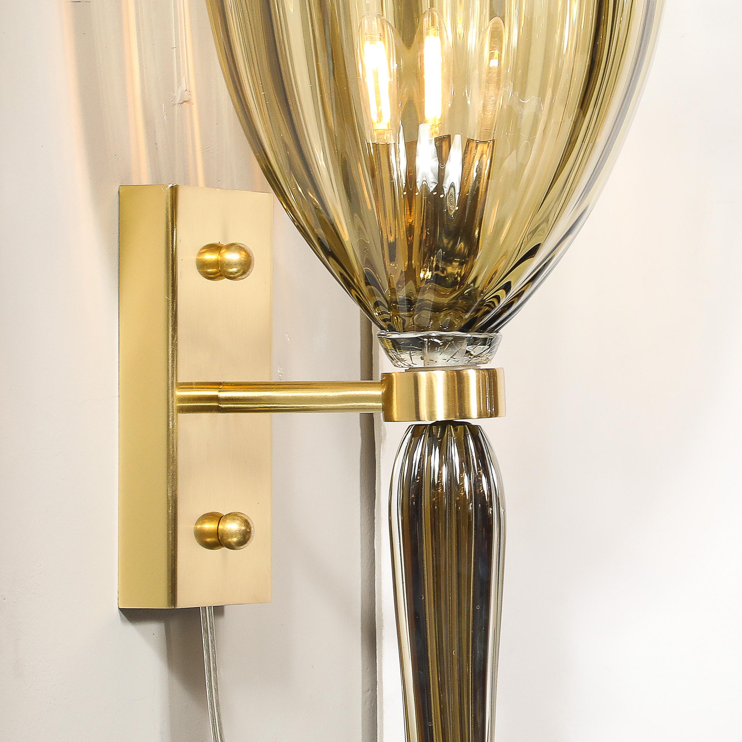 Modernist Hand-Blown Murano Iridescent Smoked Emerald Fluted Glass Sconces For Sale 6