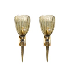 Modernist Hand-Blown Murano Iridescent Smoked Emerald Fluted Glass Sconces