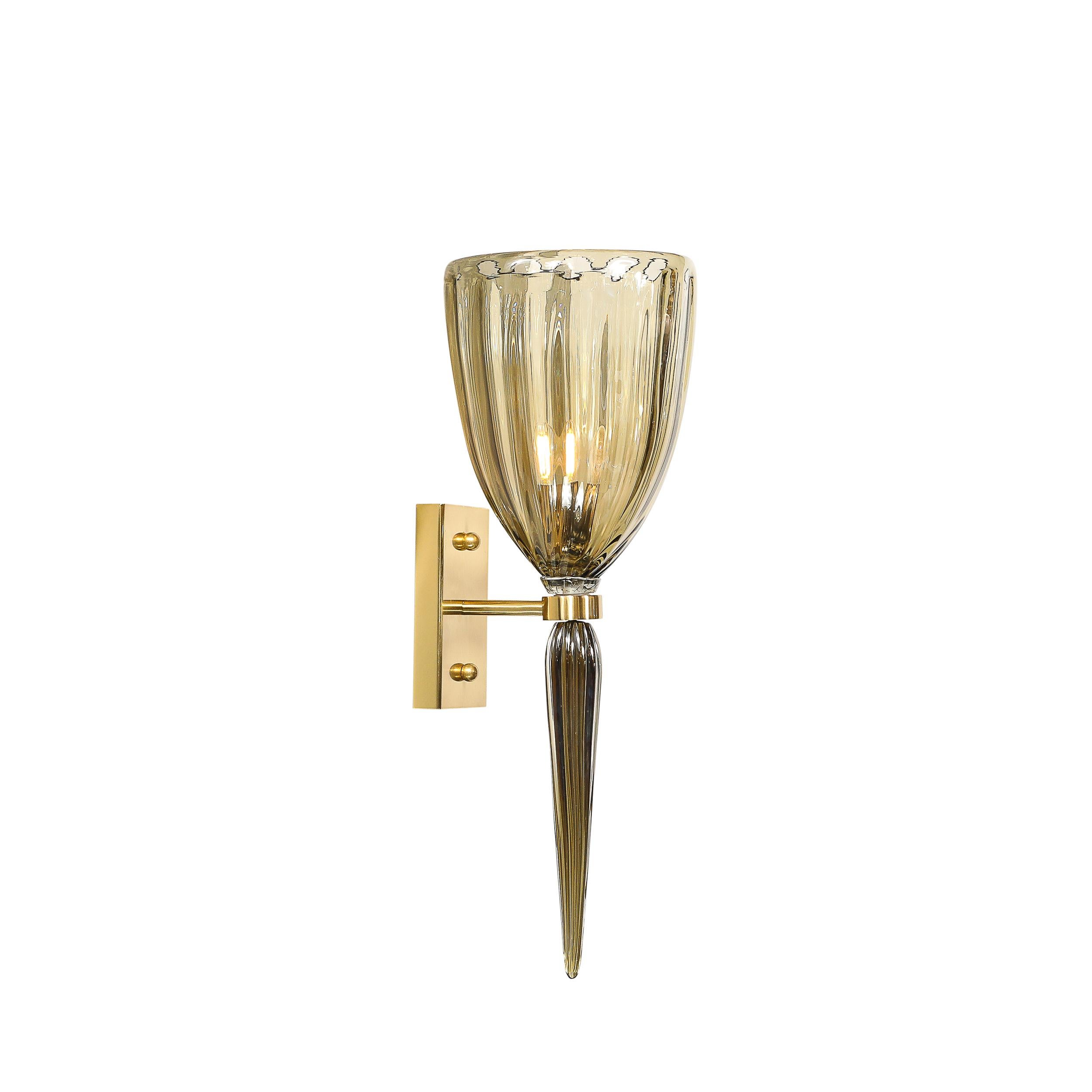 Italian Modernist Hand-Blown Murano Iridescent Smoked Emerald Fluted Glass Sconces For Sale