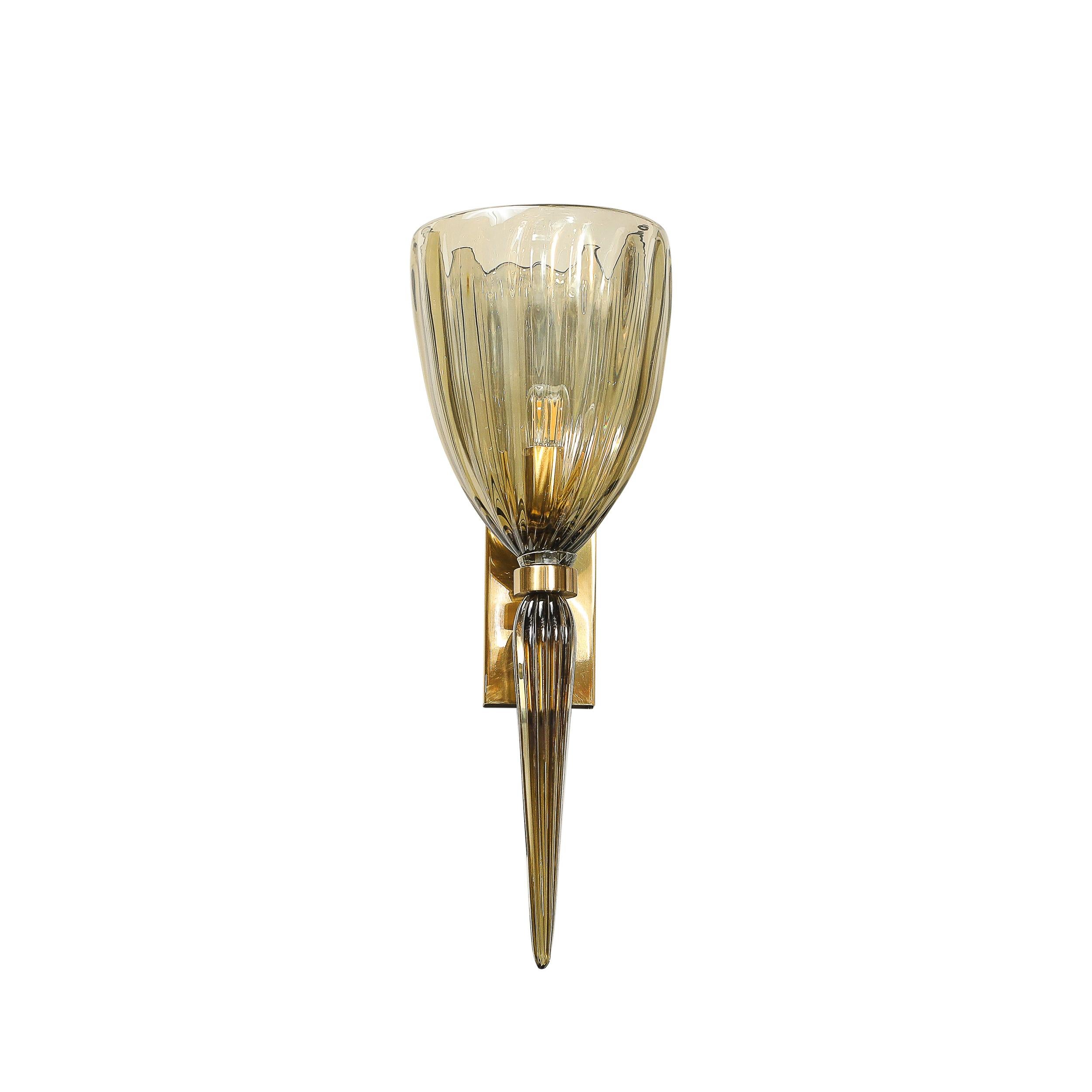 Modernist Hand-Blown Murano Iridescent Smoked Emerald Fluted Glass Sconces In Excellent Condition For Sale In New York, NY