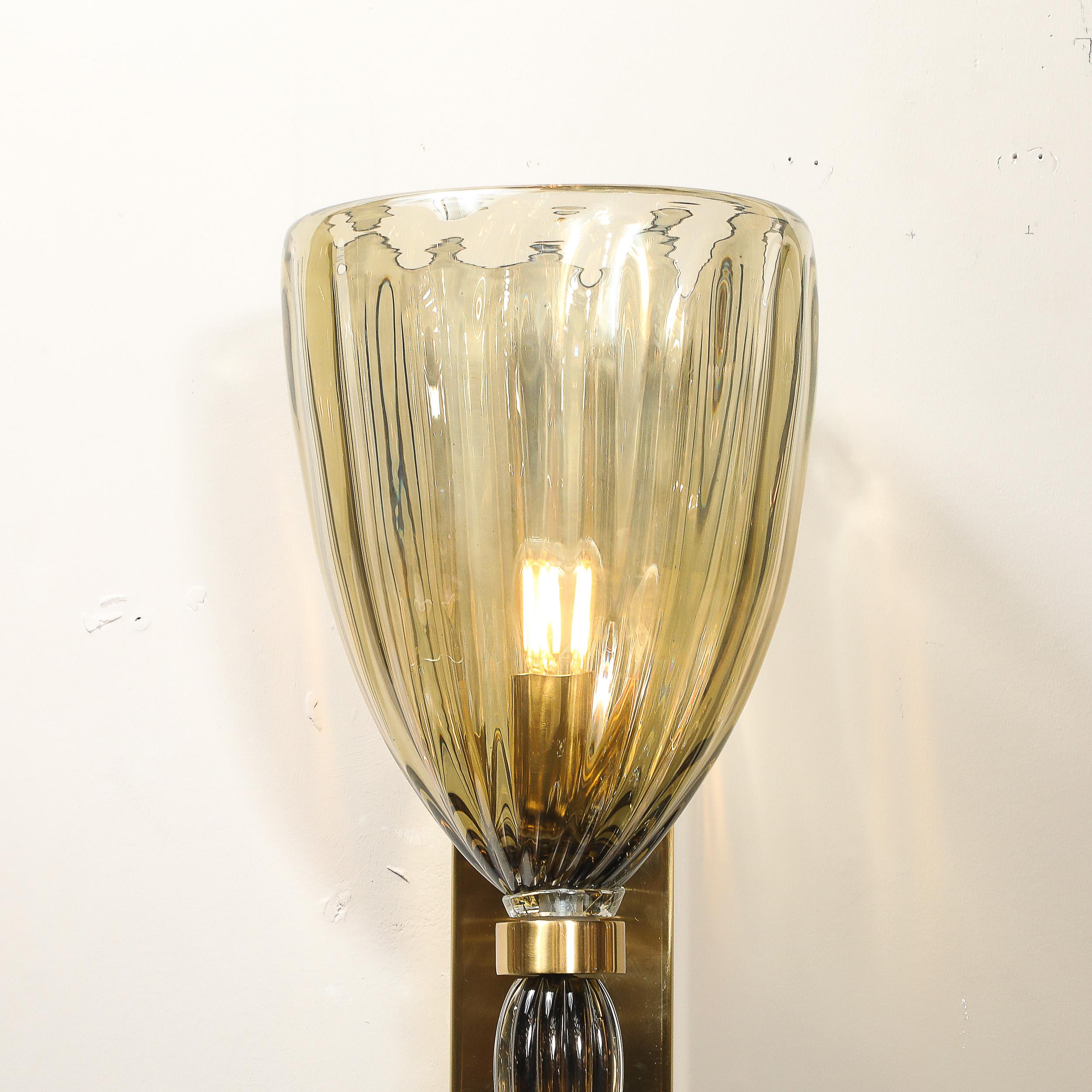 Brass Modernist Hand-Blown Murano Iridescent Smoked Emerald Fluted Glass Sconces For Sale