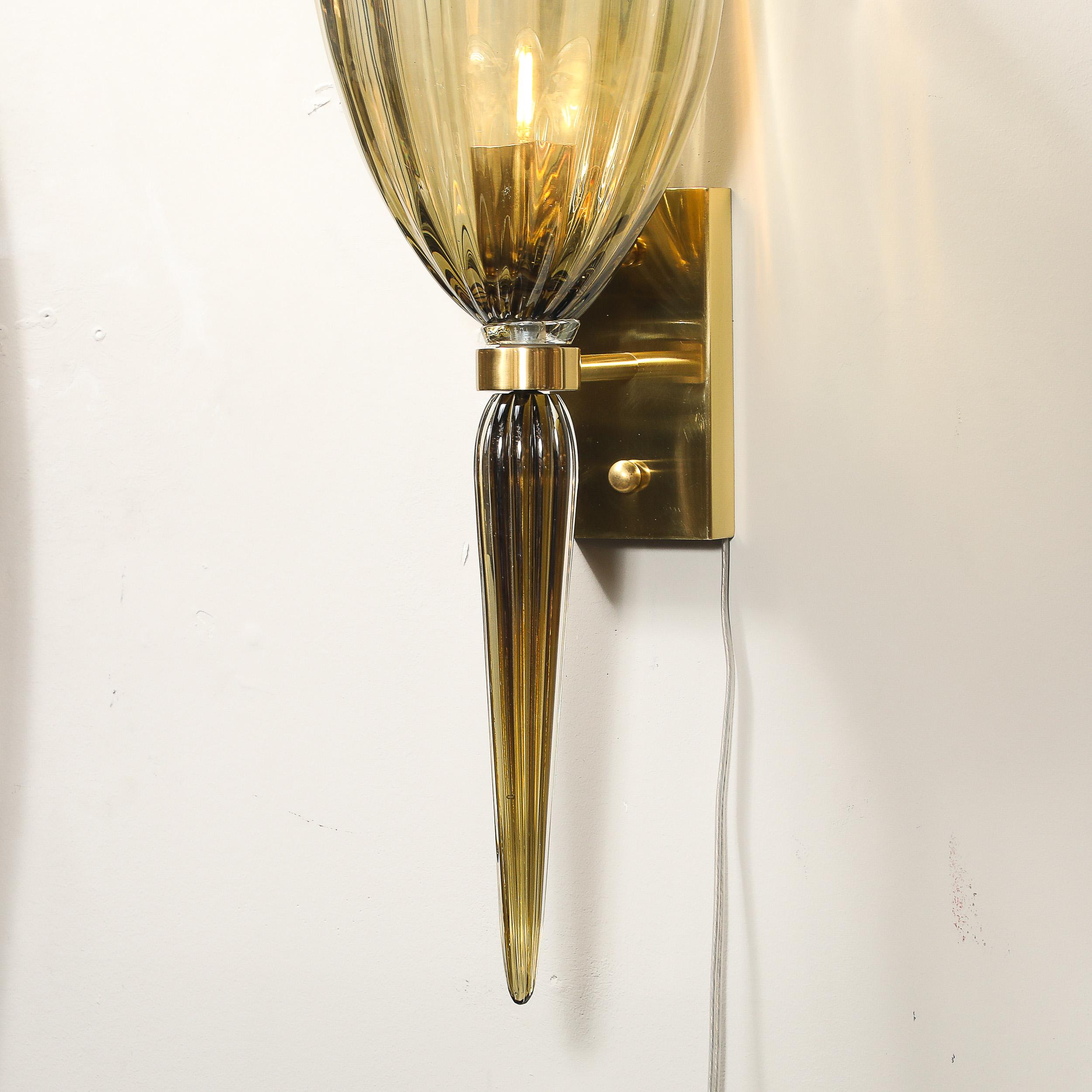 Modernist Hand-Blown Murano Iridescent Smoked Emerald Fluted Glass Sconces For Sale 3
