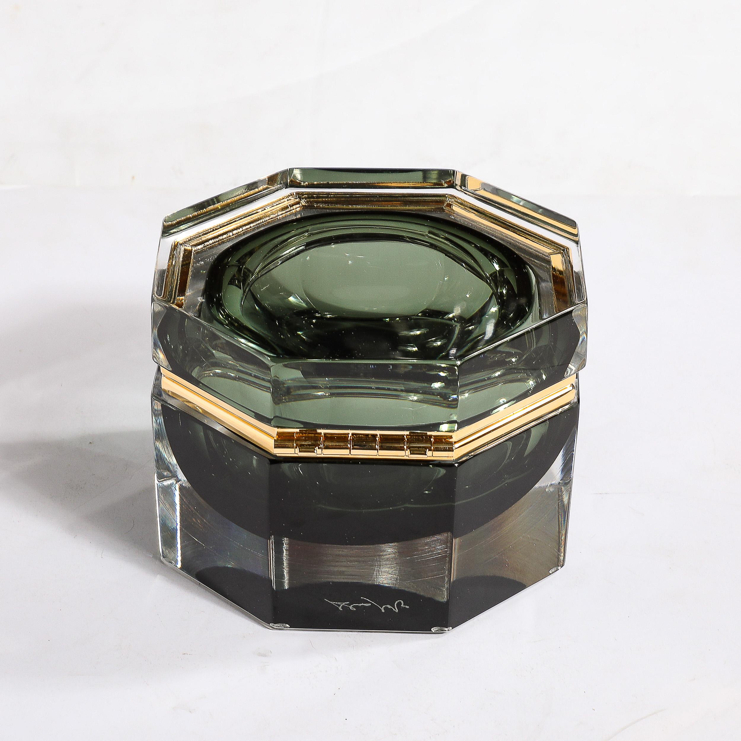 Modernist Hand-Blown Murano Octagonal Glass Box in Emerald w/ Brass Fittings For Sale 6