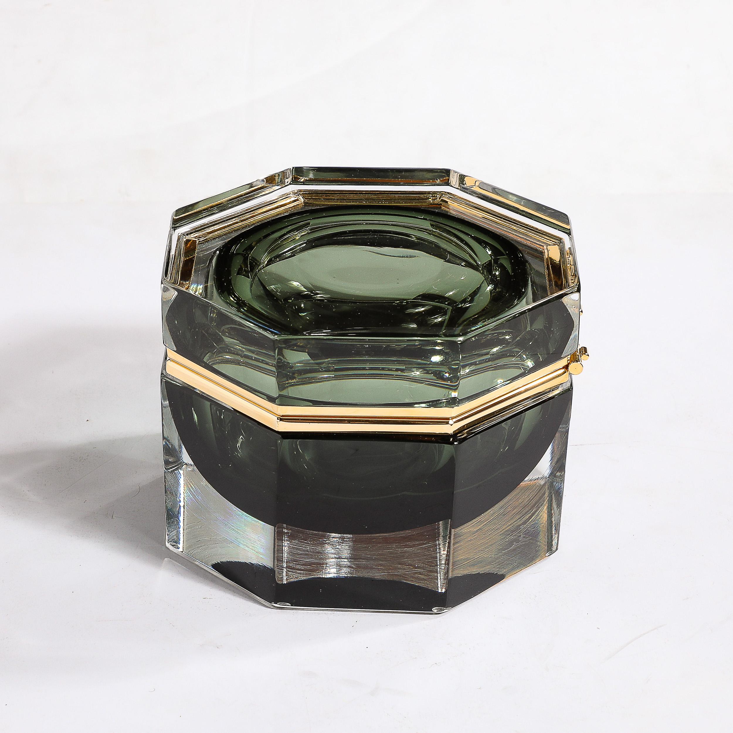 Modernist Hand-Blown Murano Octagonal Glass Box in Emerald w/ Brass Fittings For Sale 7