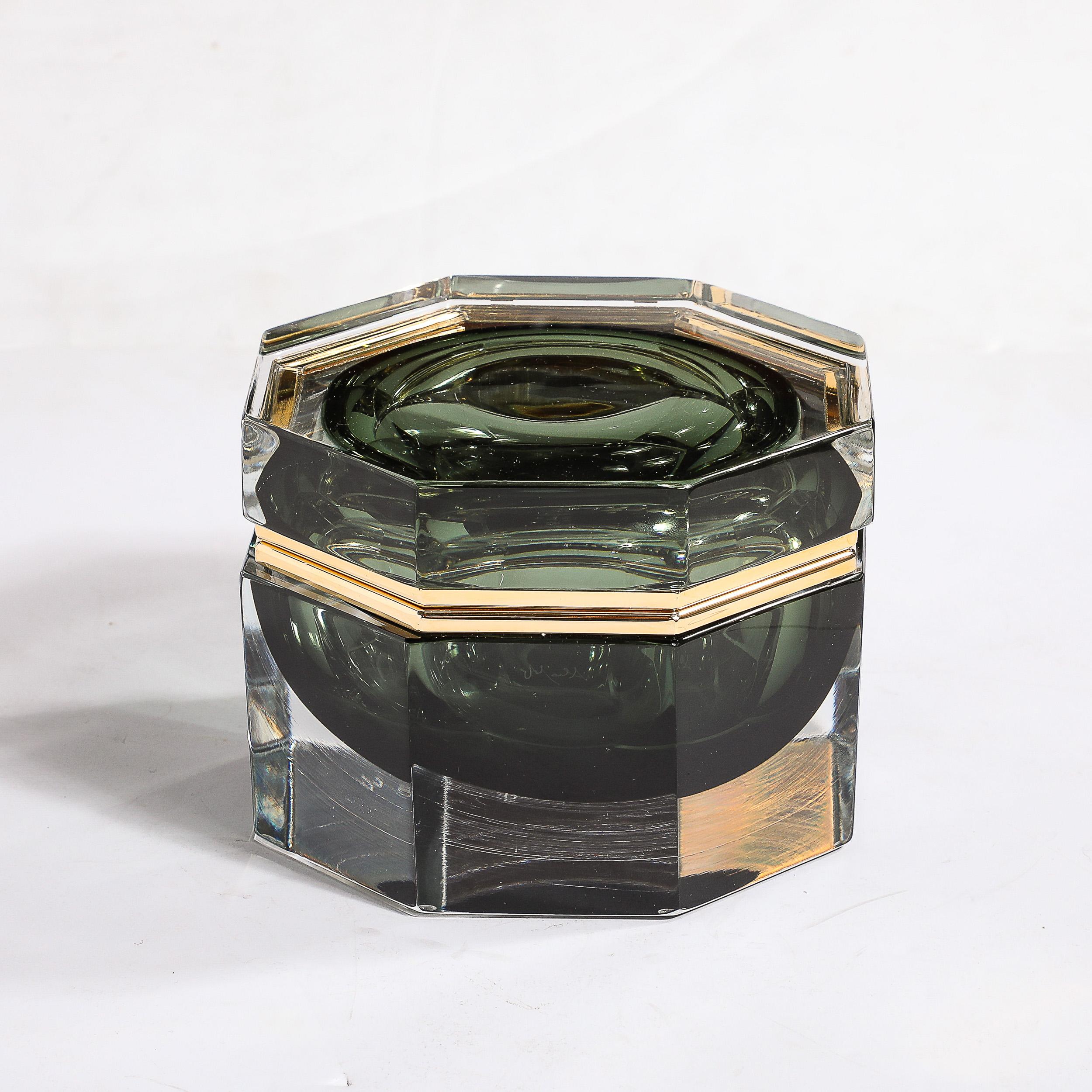 Italian Modernist Hand-Blown Murano Octagonal Glass Box in Emerald w/ Brass Fittings For Sale