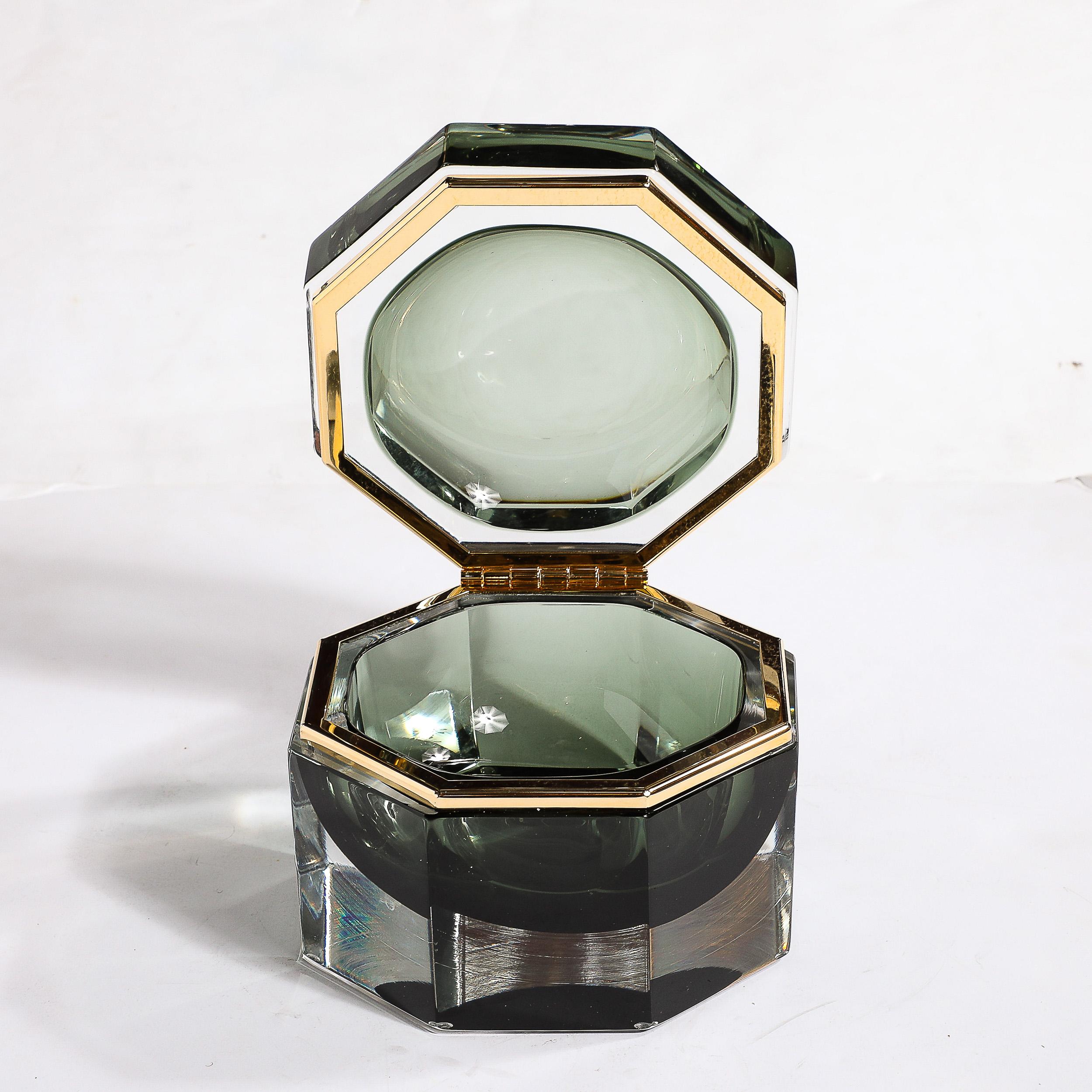 Contemporary Modernist Hand-Blown Murano Octagonal Glass Box in Emerald w/ Brass Fittings For Sale