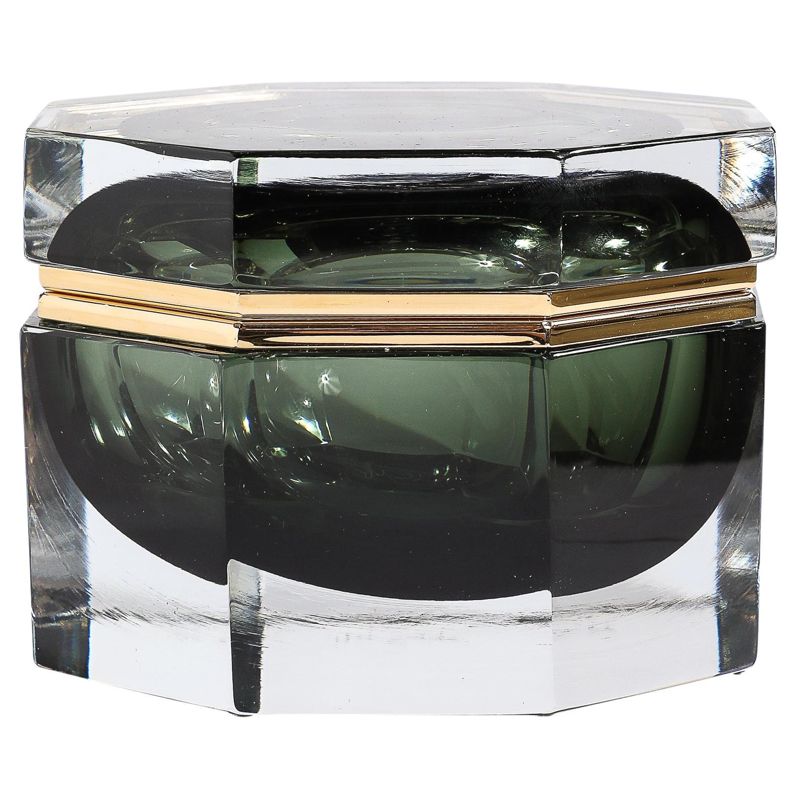 Modernist Hand-Blown Murano Octagonal Glass Box in Emerald w/ Brass Fittings For Sale