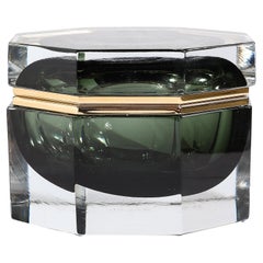 Modernist Hand-Blown Murano Octagonal Glass Box in Emerald w/ Brass Fittings