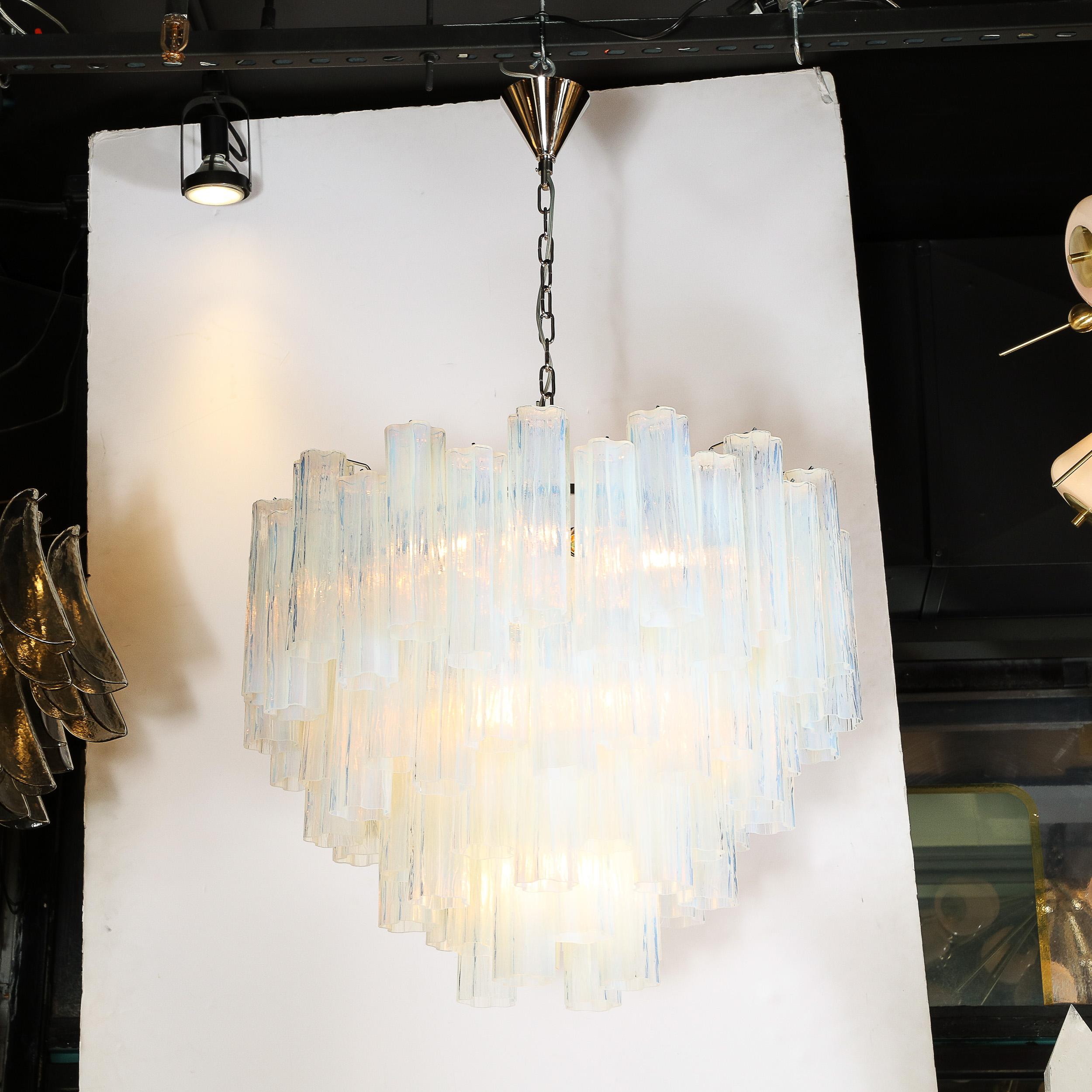 Modernist Hand-Blown Murano Opalescent Four Tiered Tronchi Glass Chandelier For Sale 5