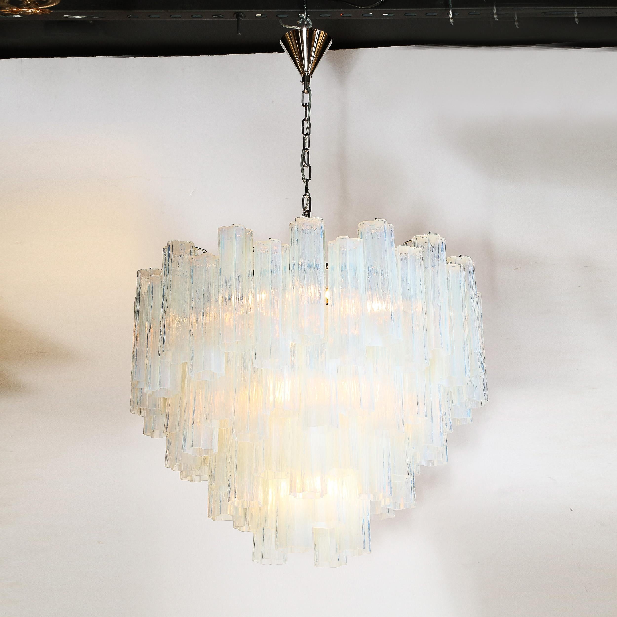 Modernist Hand-Blown Murano Opalescent Four Tiered Tronchi Glass Chandelier For Sale 7