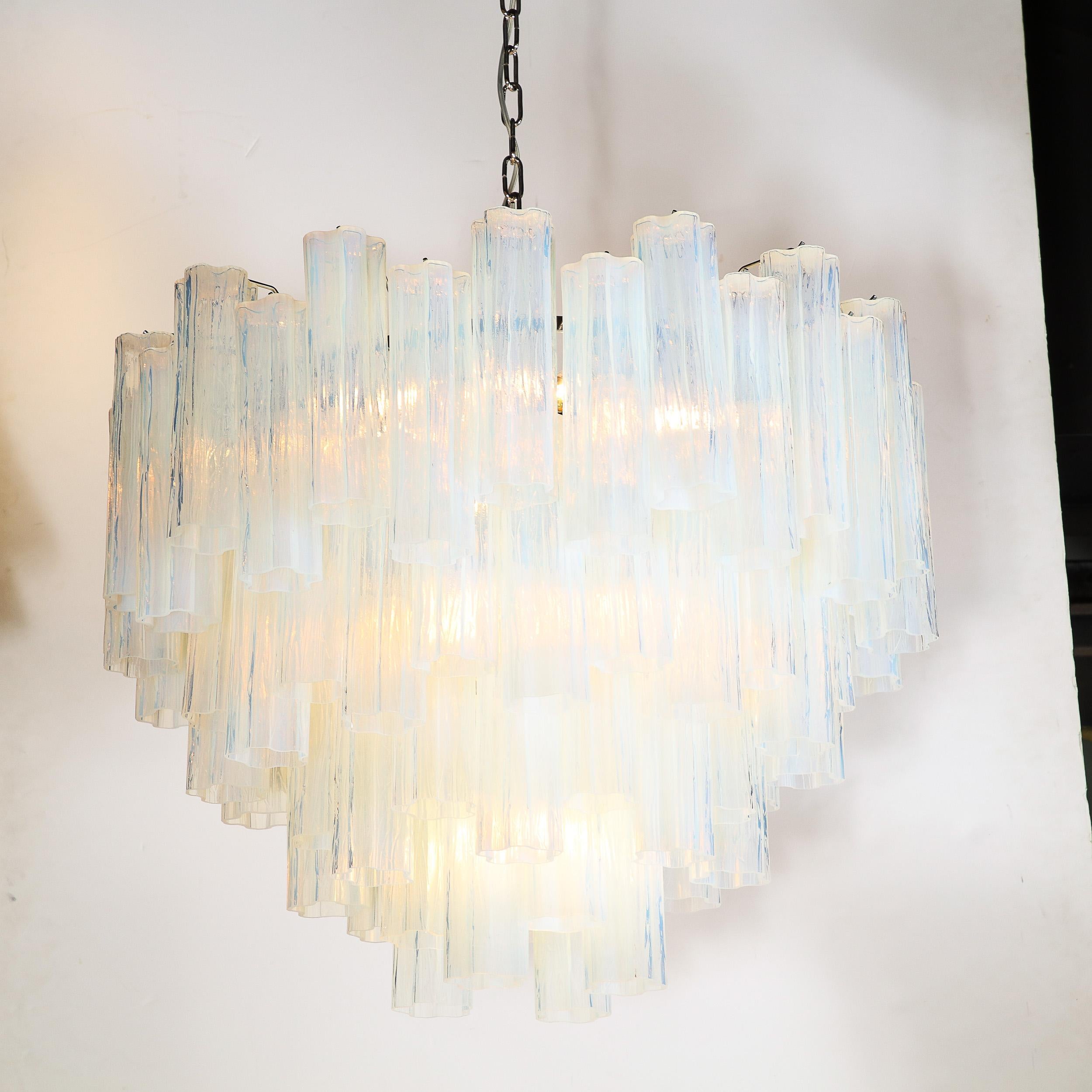 Modernist Hand-Blown Murano Opalescent Four Tiered Tronchi Glass Chandelier For Sale 8