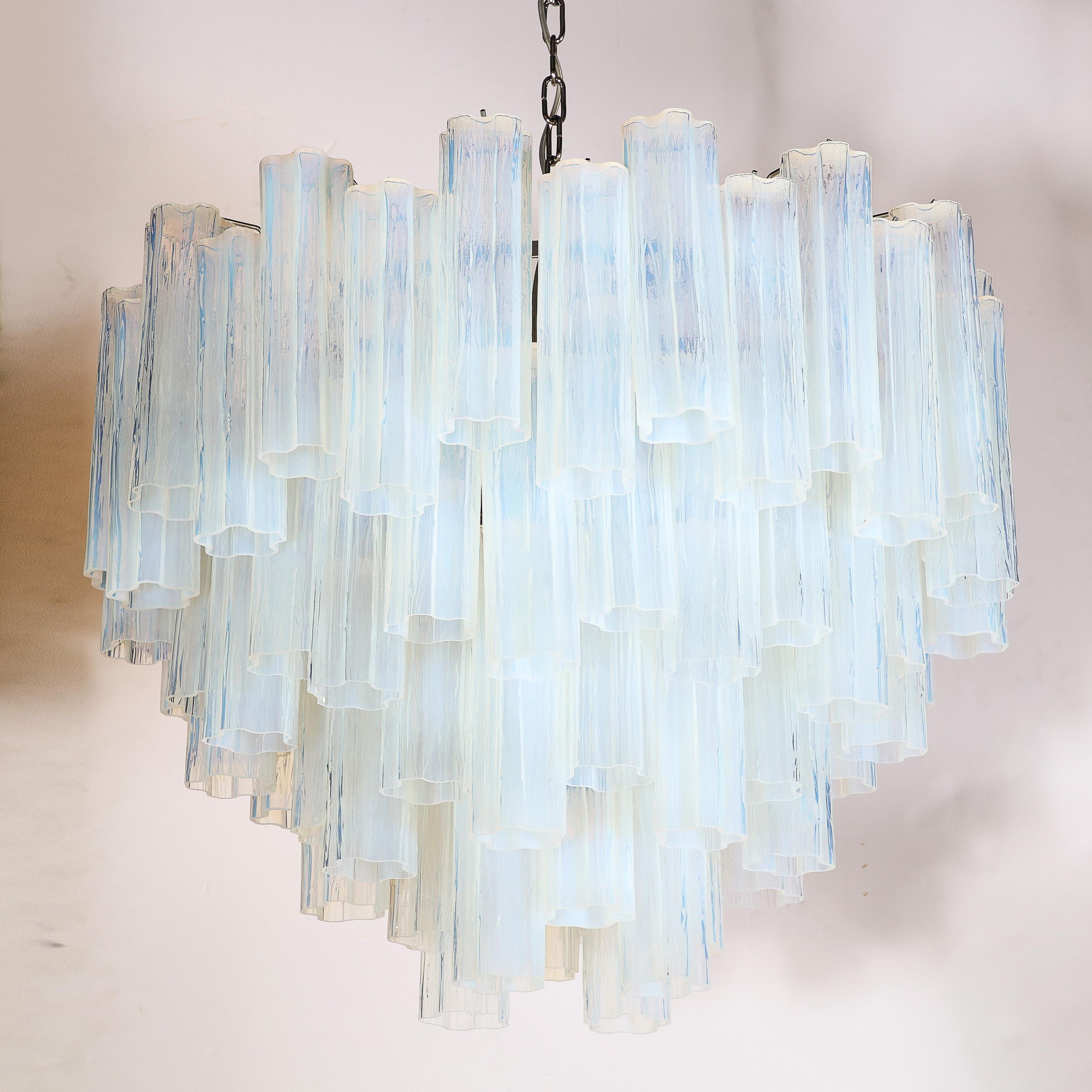 Modernist Hand-Blown Murano Opalescent Four Tiered Tronchi Glass Chandelier For Sale 11
