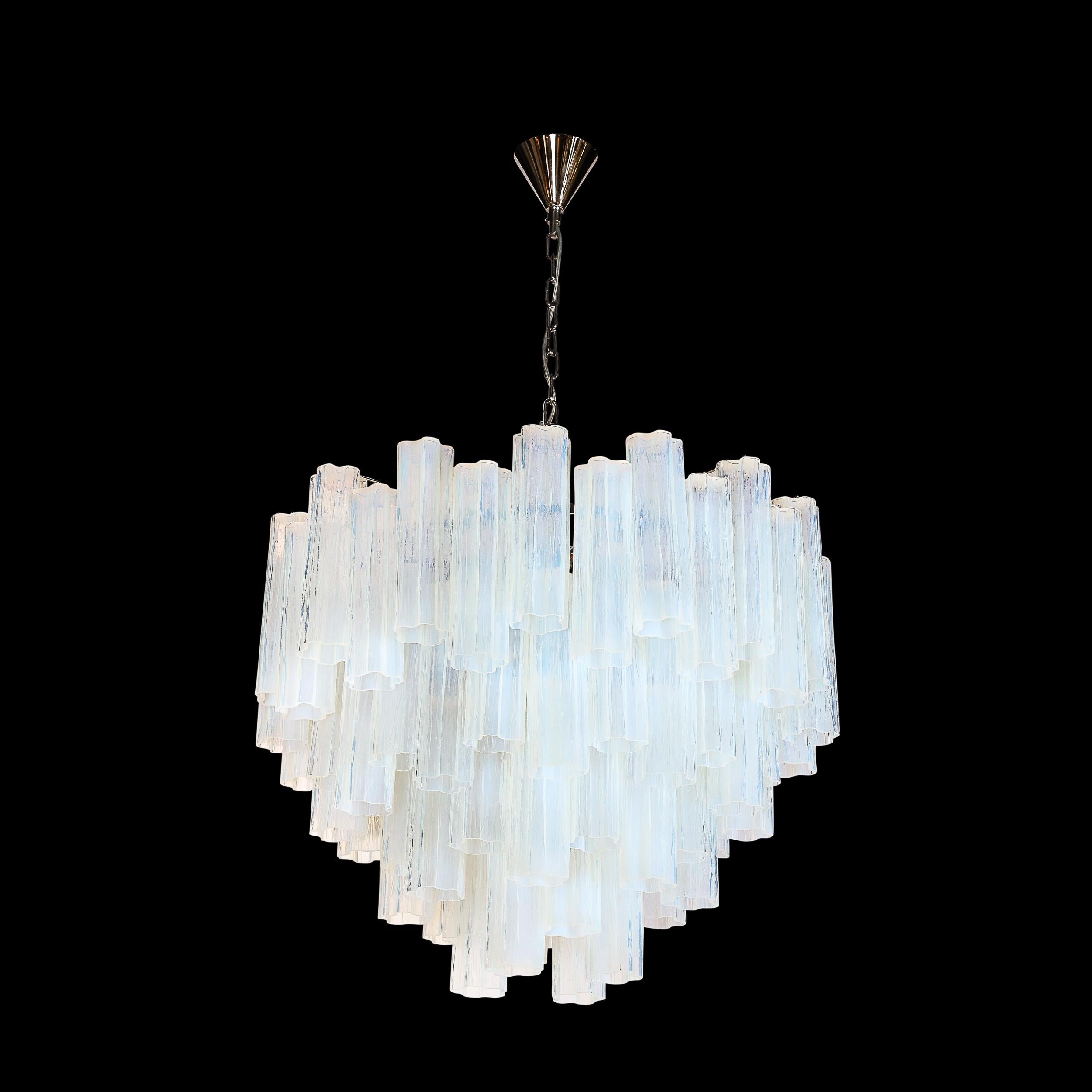 Italian Modernist Hand-Blown Murano Opalescent Four Tiered Tronchi Glass Chandelier For Sale
