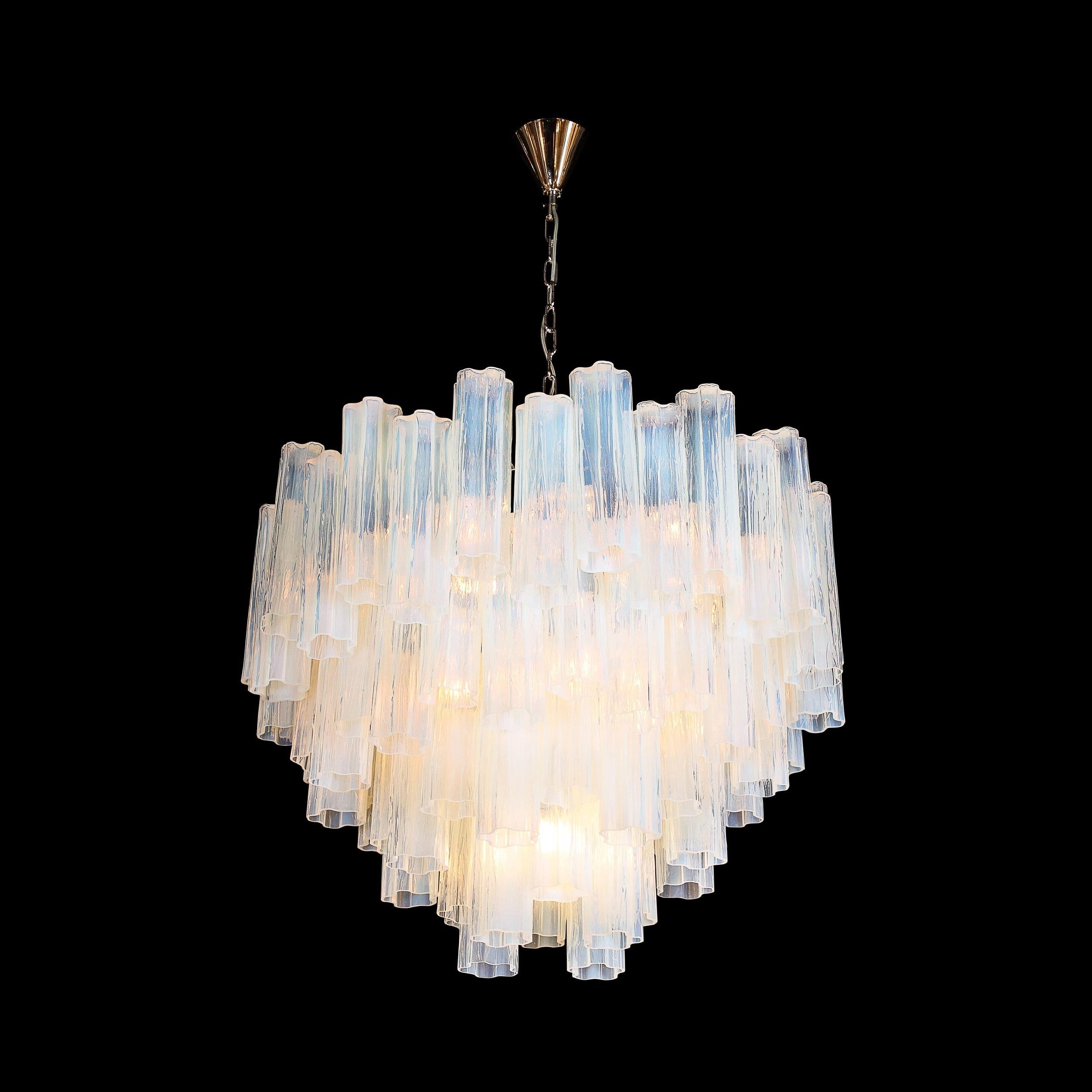 Modernist Hand-Blown Murano Opalescent Four Tiered Tronchi Glass Chandelier In Excellent Condition For Sale In New York, NY