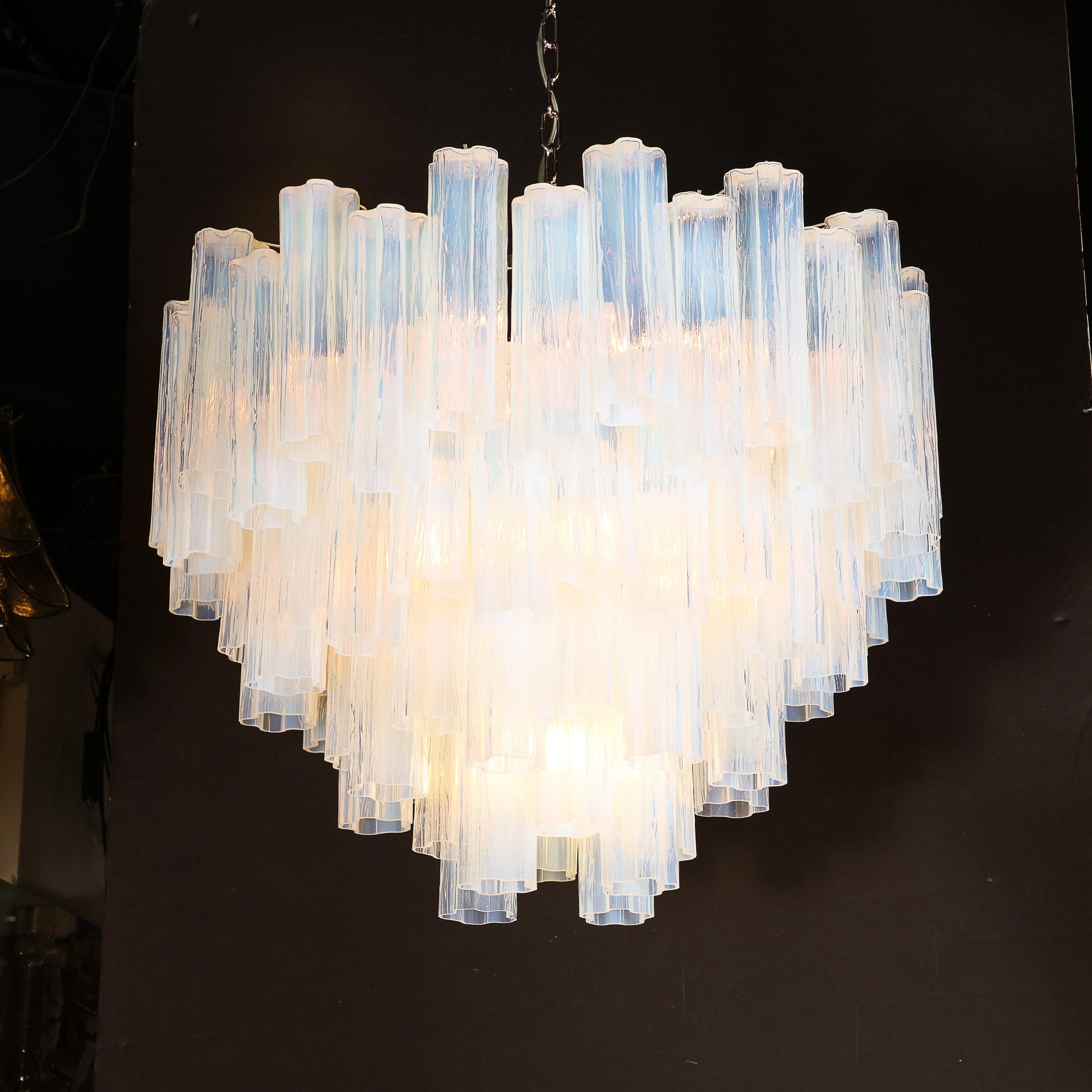 Contemporary Modernist Hand-Blown Murano Opalescent Four Tiered Tronchi Glass Chandelier For Sale