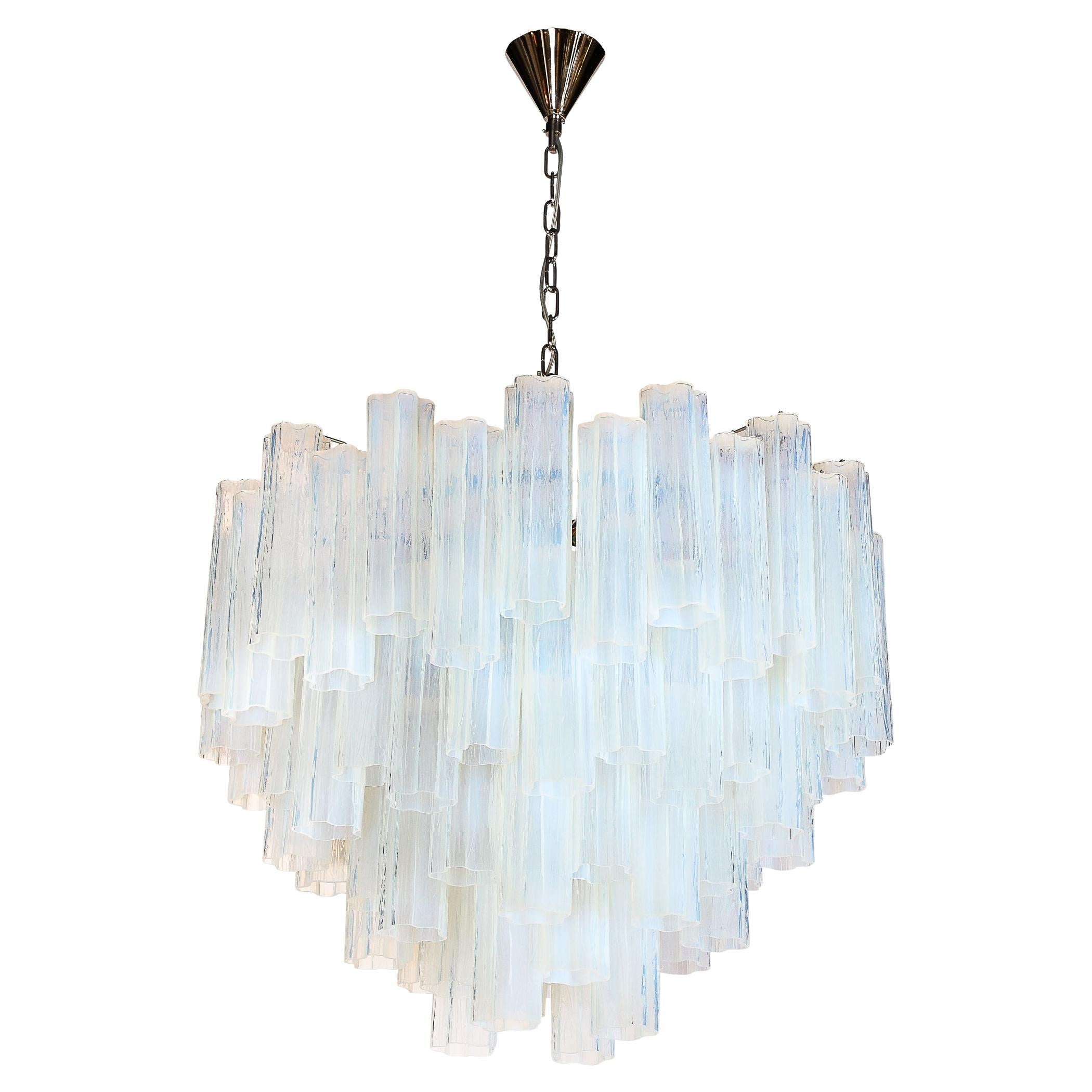 Modernist Hand-Blown Murano Opalescent Four Tiered Tronchi Glass Chandelier For Sale