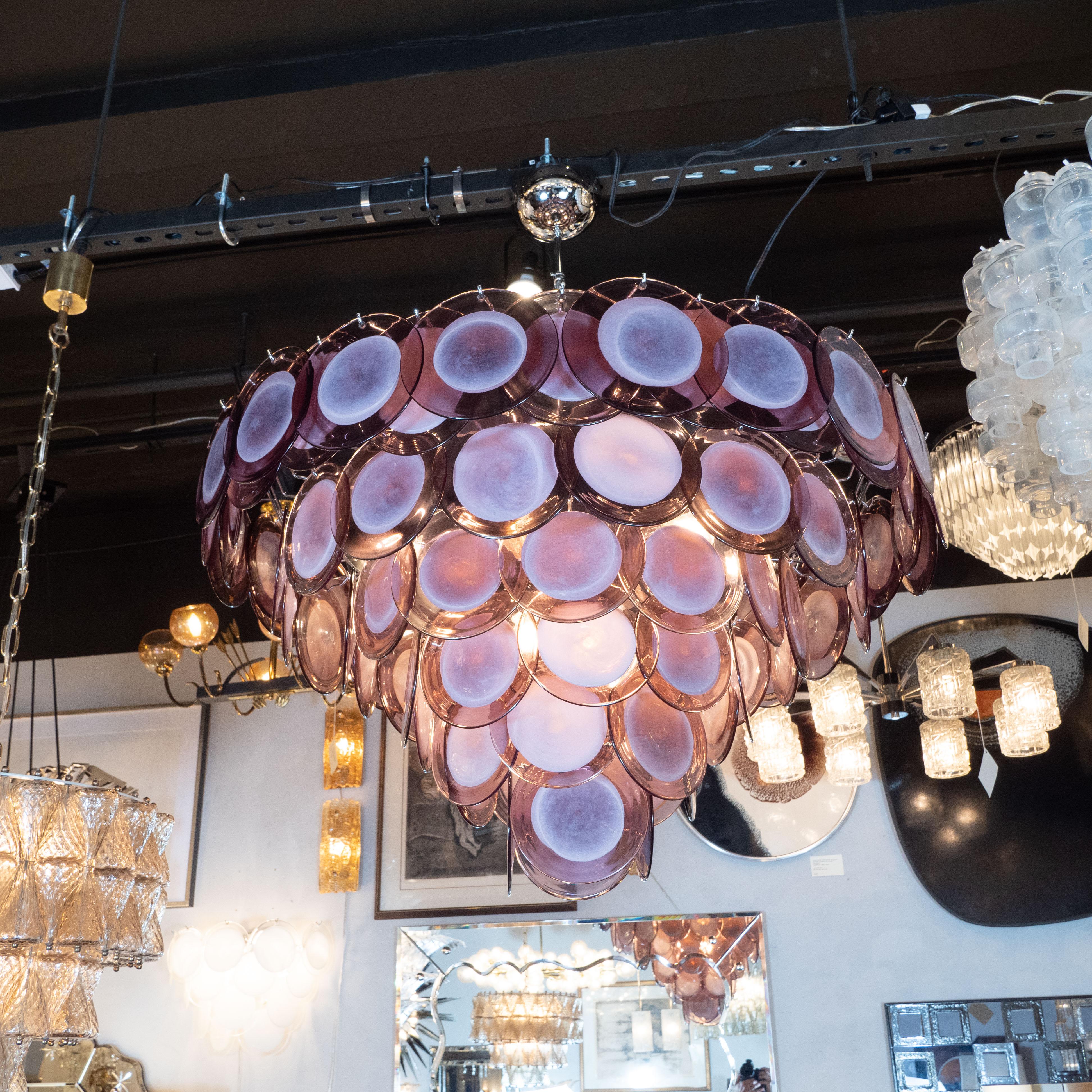 Modernist Hand Blown Plum Hued Murano Glass Chandelier with Chrome In Excellent Condition For Sale In New York, NY